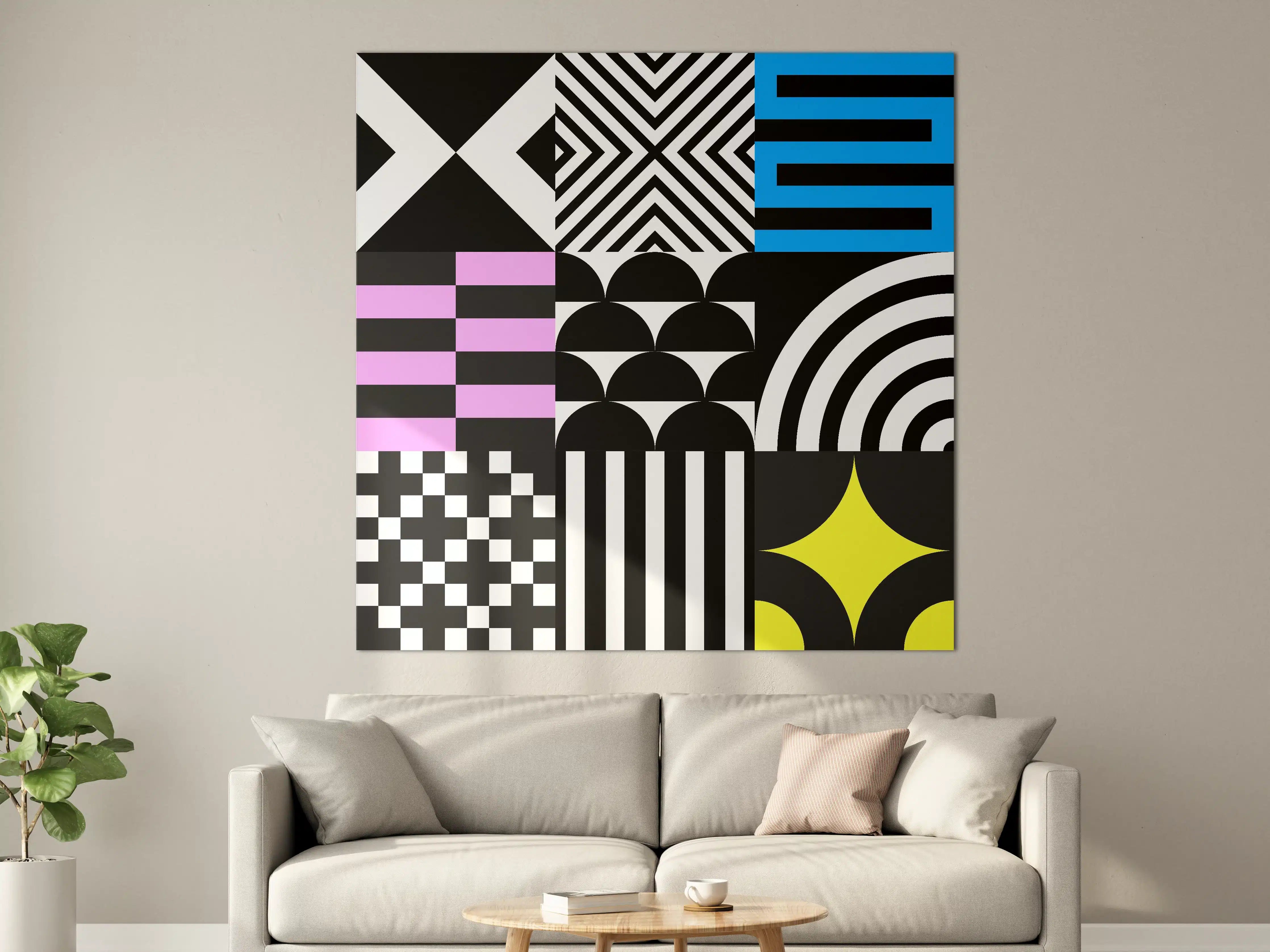 Große Wandbilder - Moderne geometrische Muster in Schwarz, Weiß und Akzenten in Blau, Gelb, Rosa