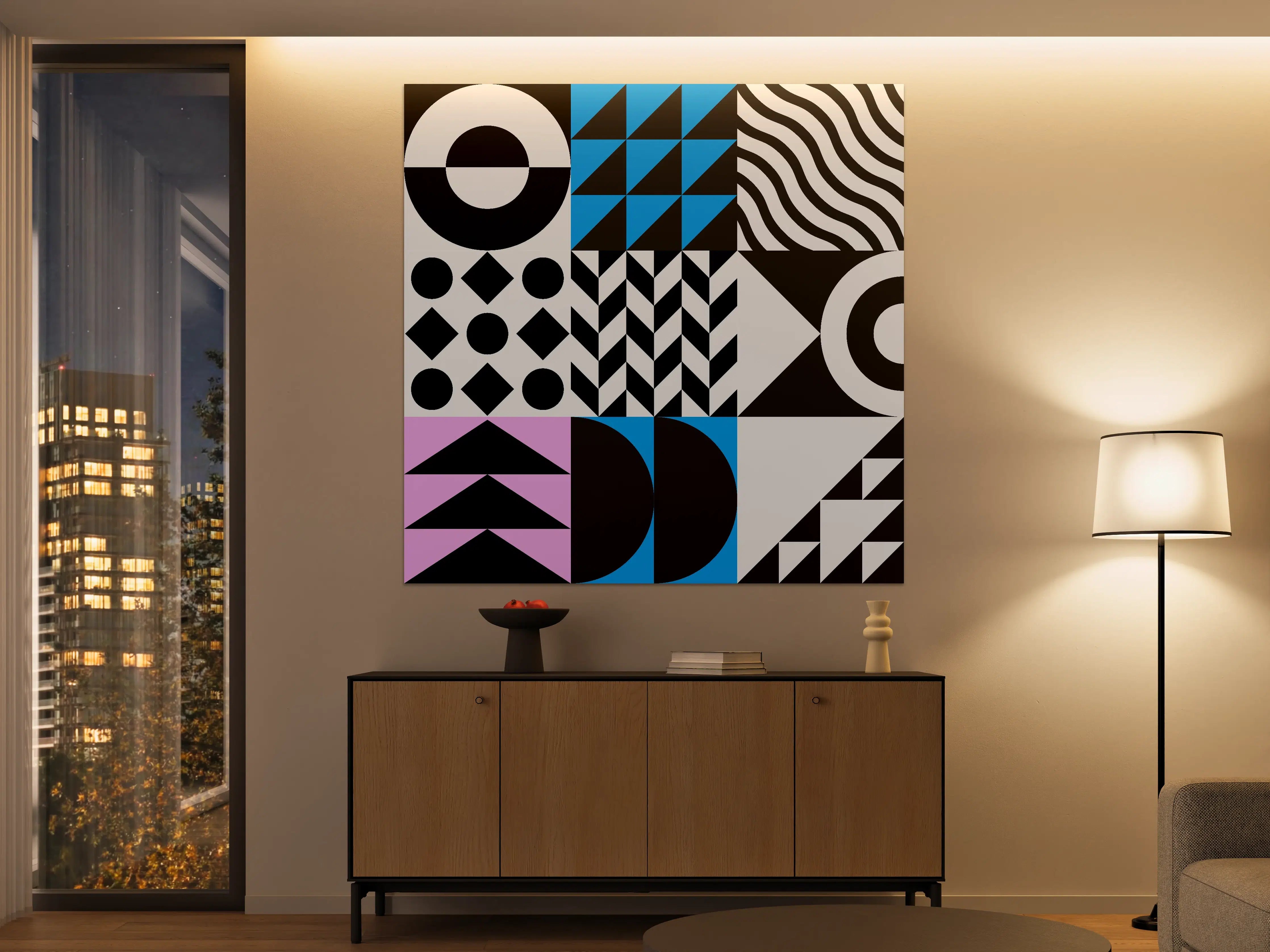 Große Wandbilder - Moderne geometrische Muster in Schwarz, Weiß, Blau und Pastell