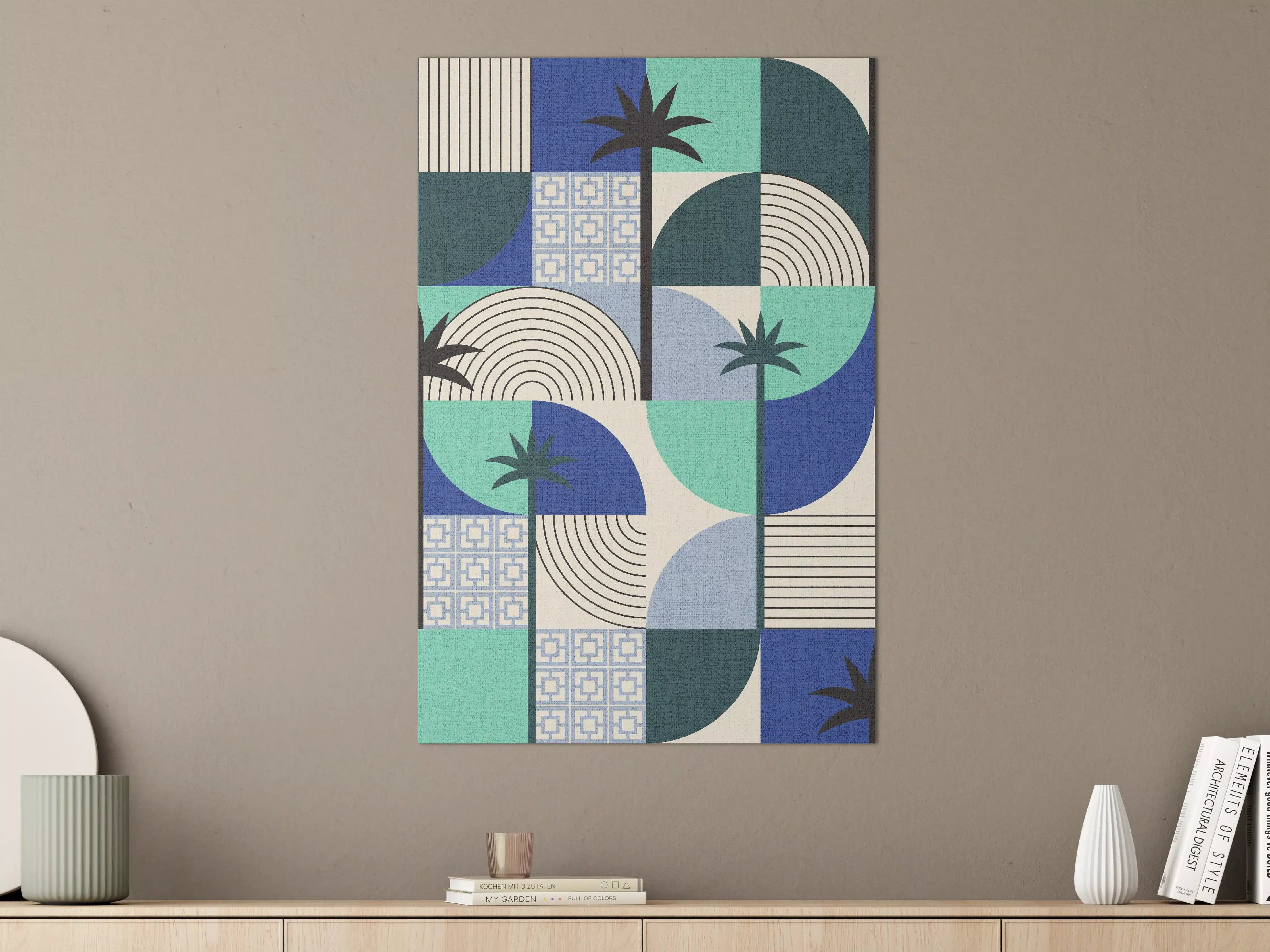Große Wandbilder - Moderne geometrische Palmen-Wandkunst in Blau und Grün