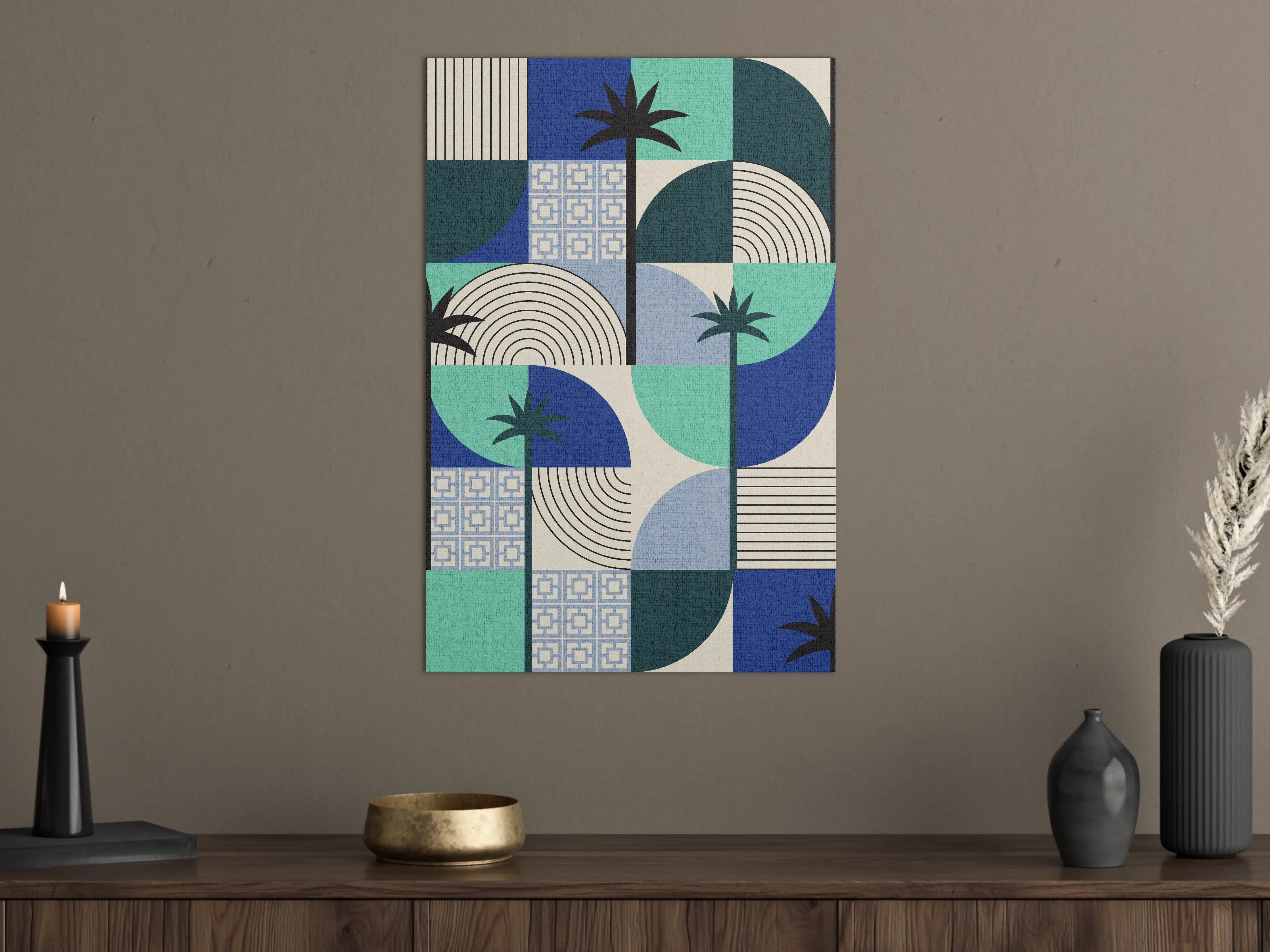 Große Wandbilder - Moderne geometrische Palmen-Wandkunst in Blau und Grün