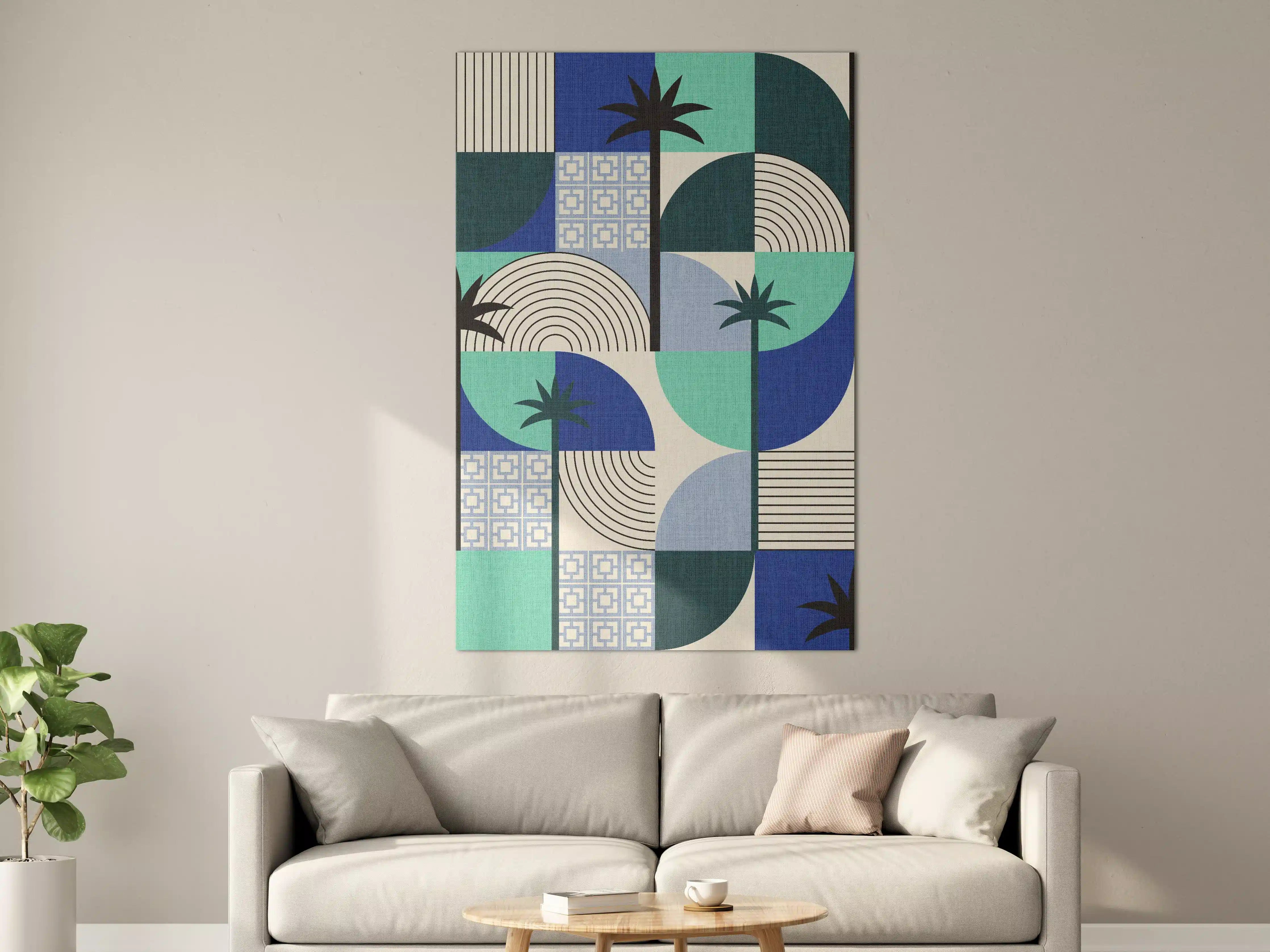Große Wandbilder - Moderne geometrische Palmen-Wandkunst in Blau und Grün