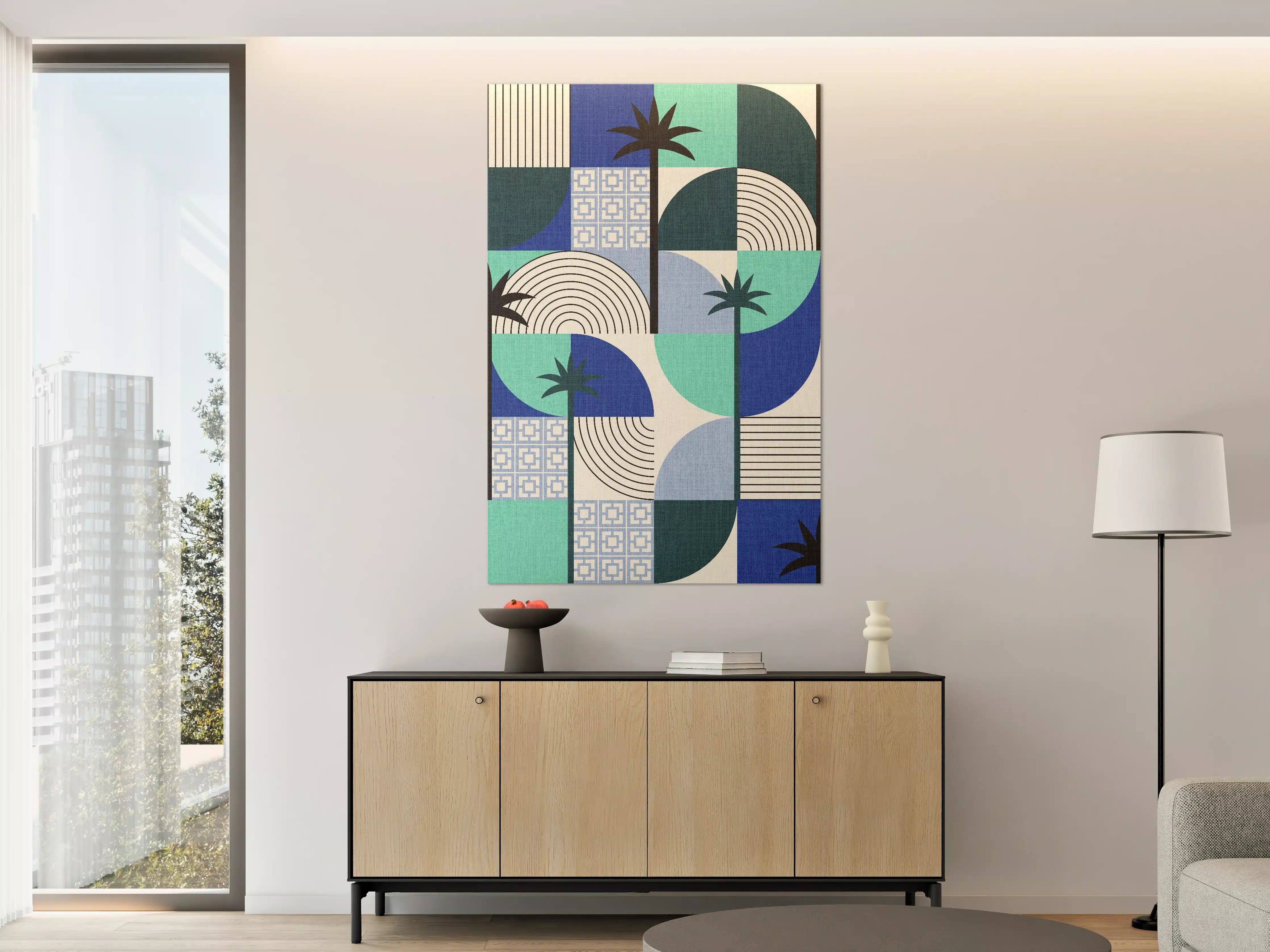 Große Wandbilder - Moderne geometrische Palmen-Wandkunst in Blau und Grün
