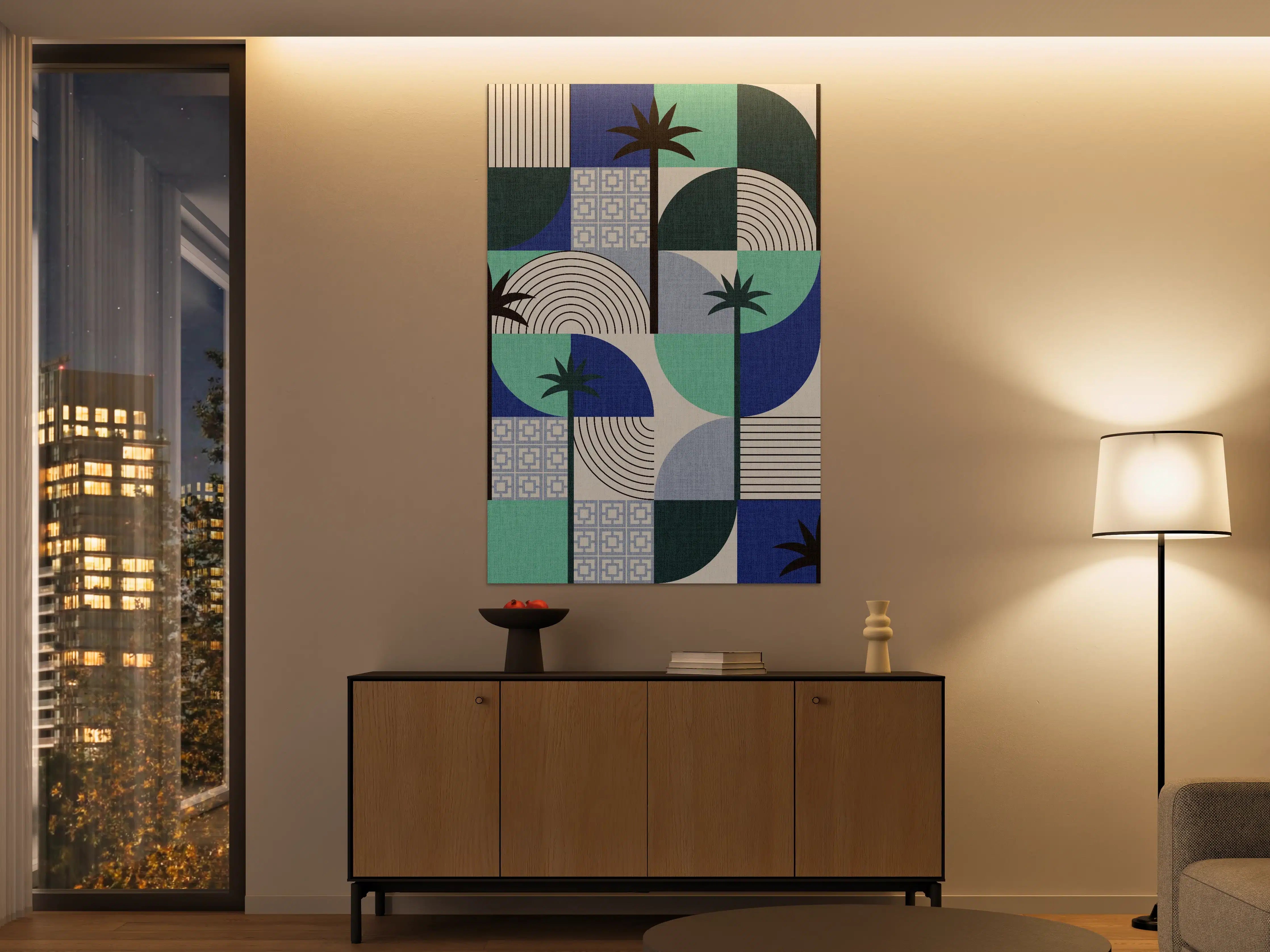 Große Wandbilder - Moderne geometrische Palmen-Wandkunst in Blau und Grün