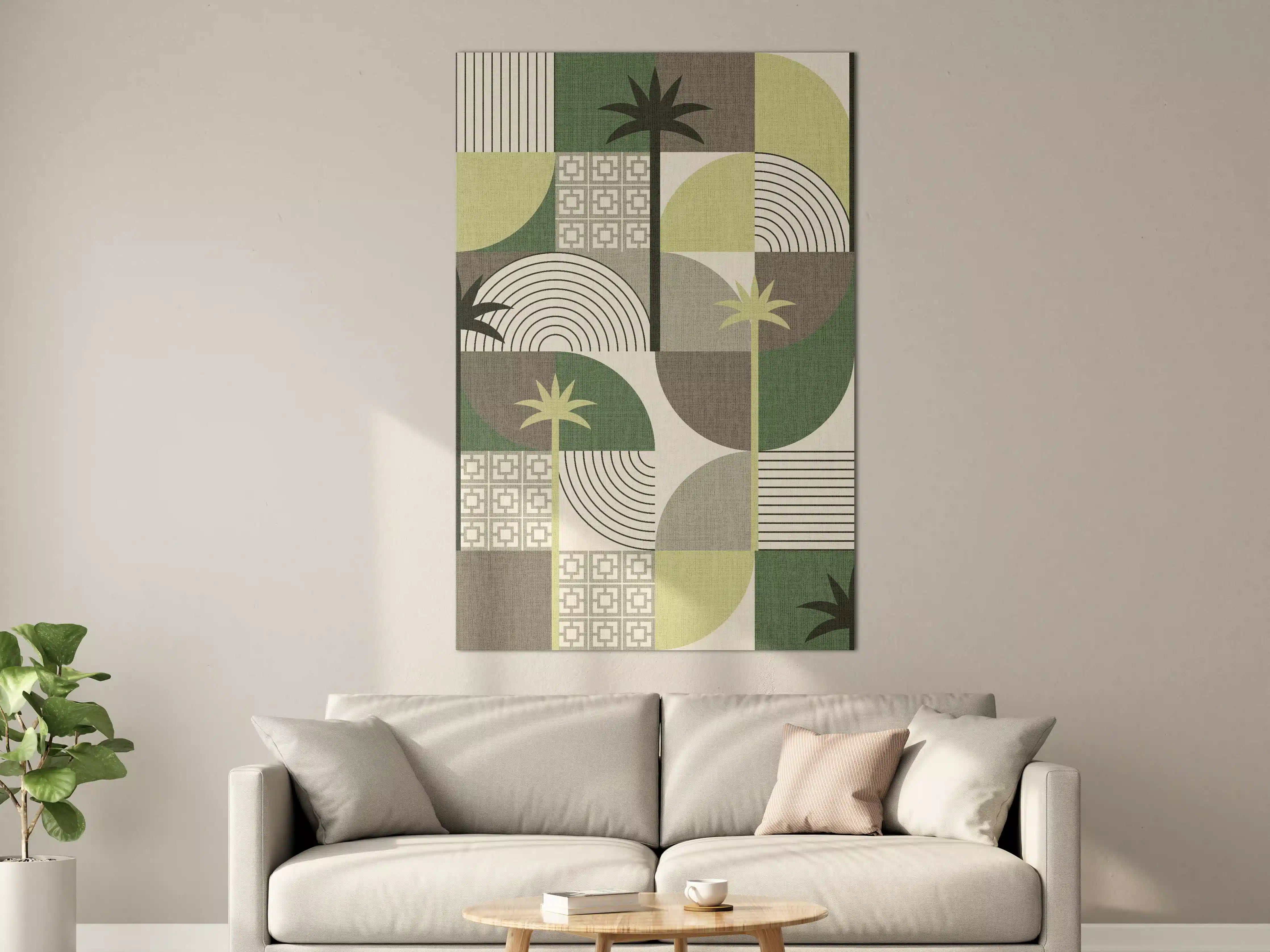 Große Wandbilder - Moderne geometrische Palmenmuster in Grün, Grau und Beige