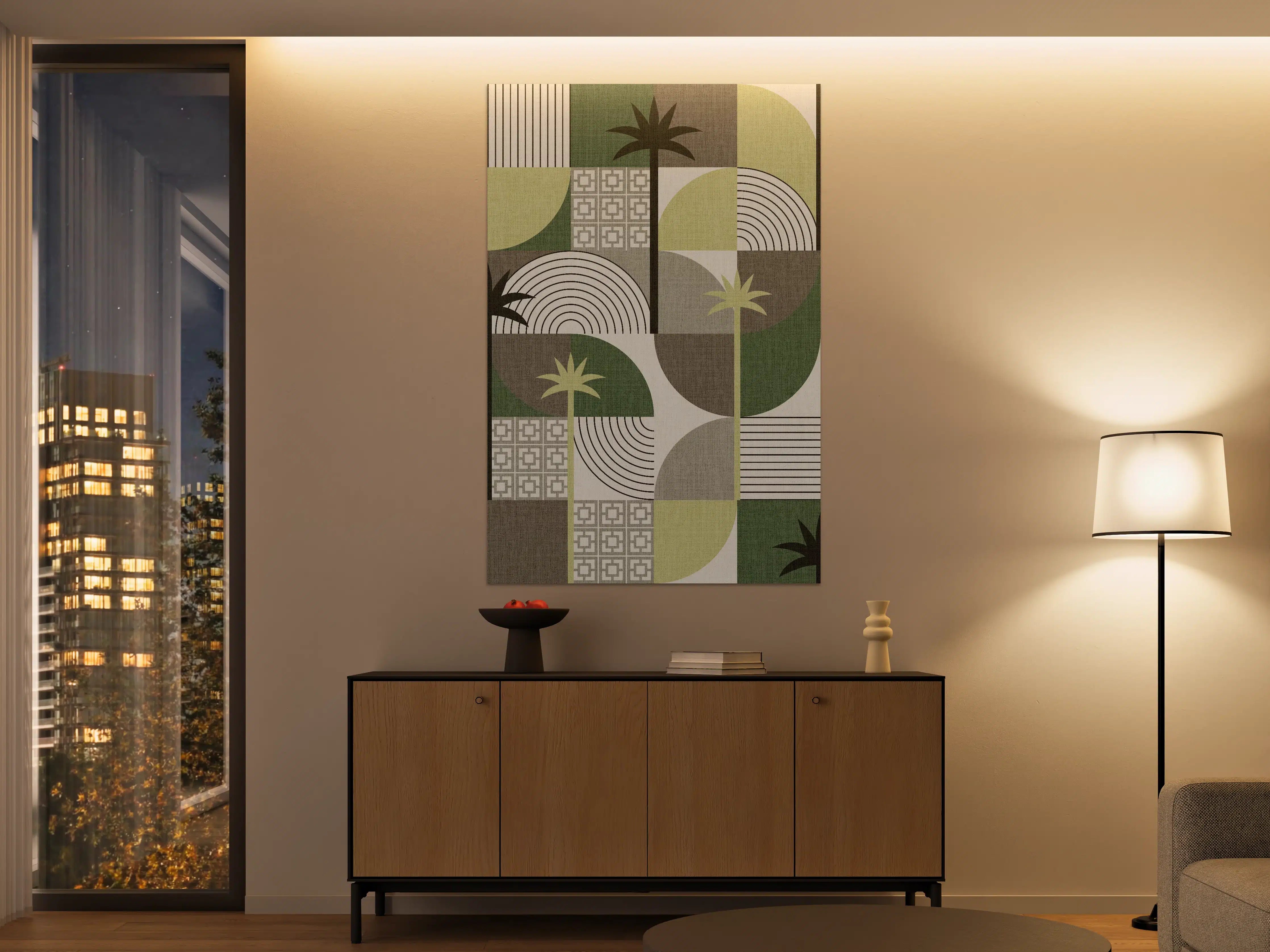 Große Wandbilder - Moderne geometrische Palmenmuster in Grün, Grau und Beige