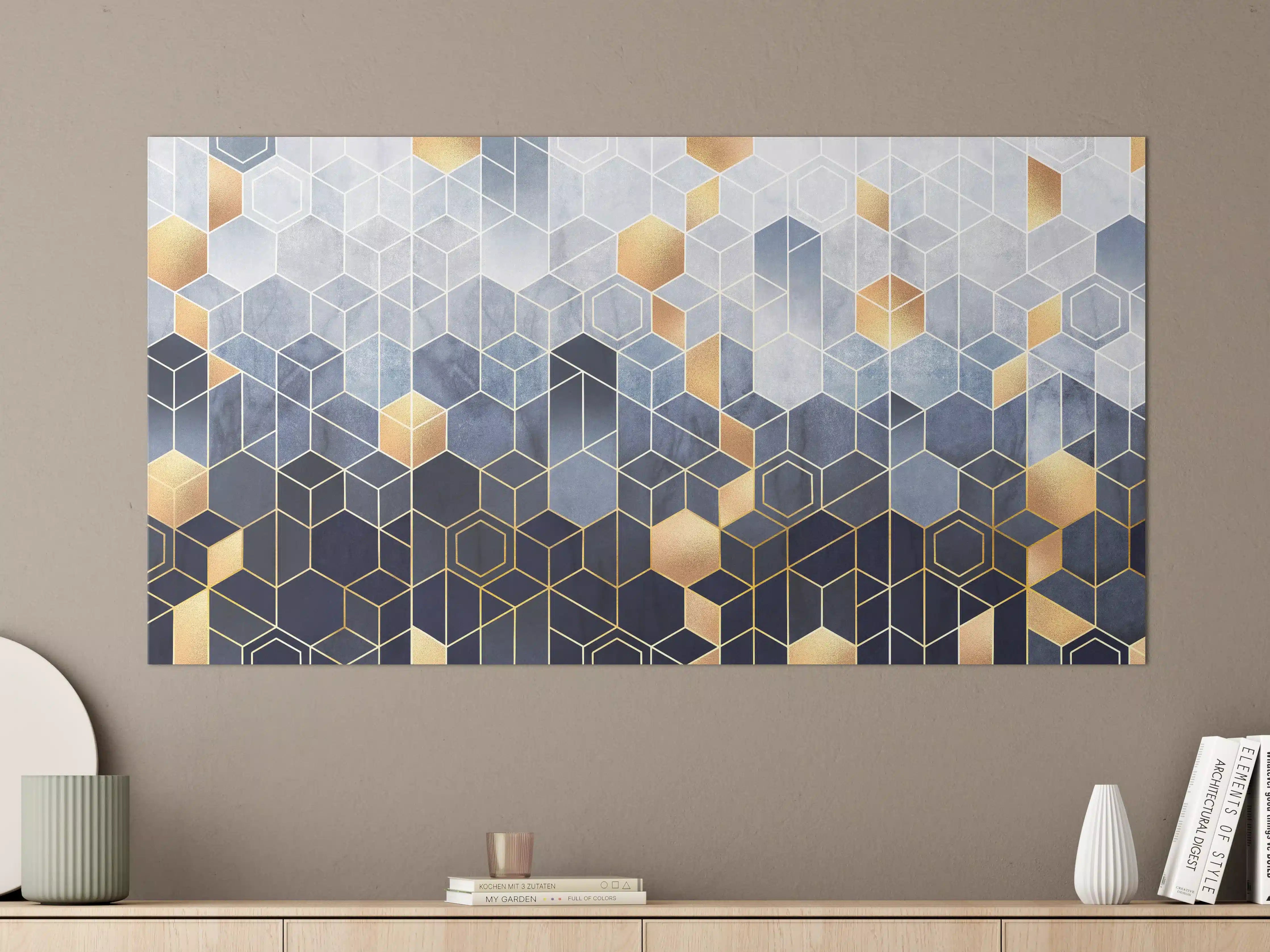 Große Wandbilder - Moderne geometrische Wandgestaltung in Blau-Gold-Tönen