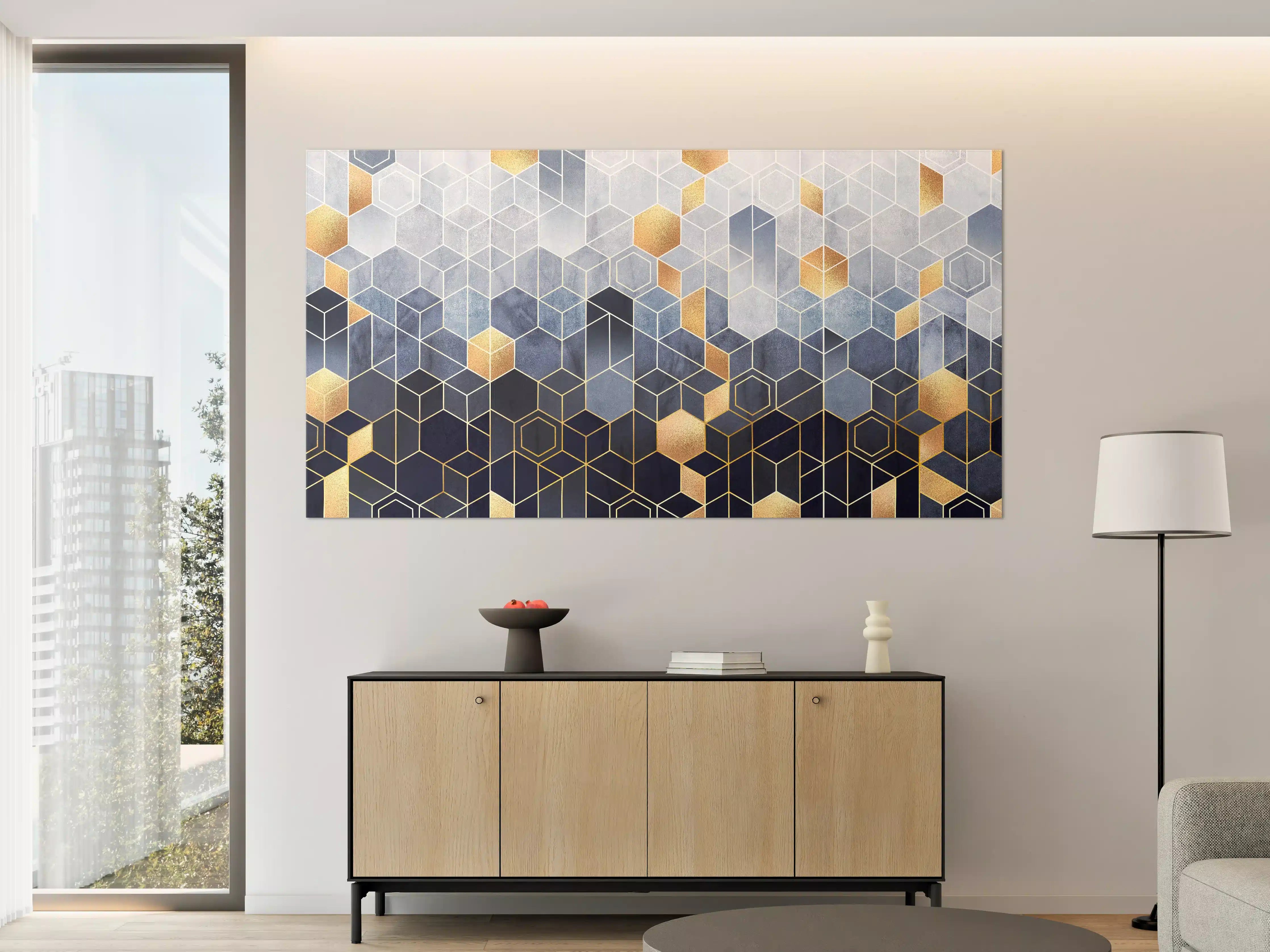 Große Wandbilder - Moderne geometrische Wandgestaltung in Blau-Gold-Tönen