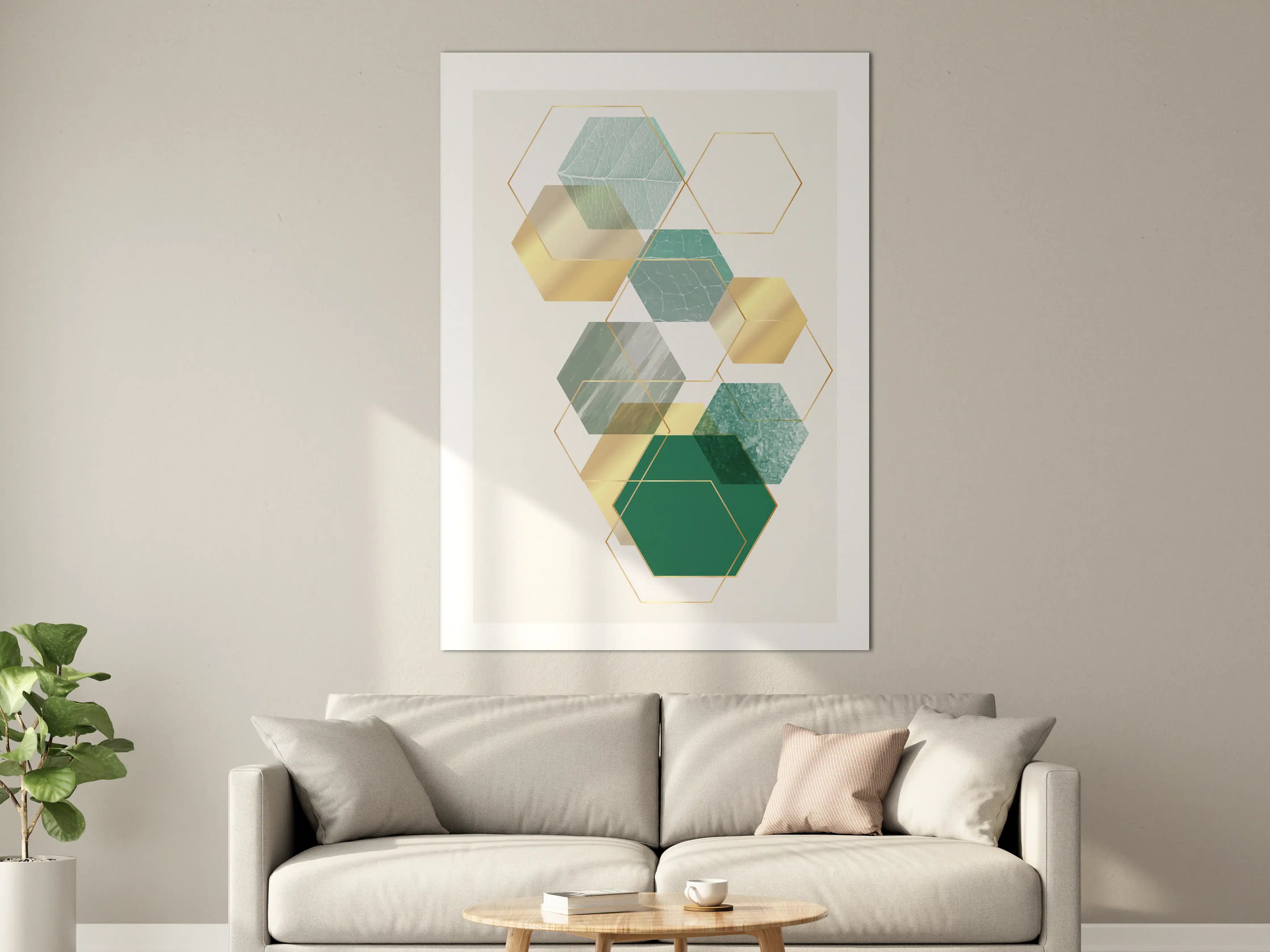 Große Wandbilder - Moderne geometrische Wandgestaltung in Grün und Gold