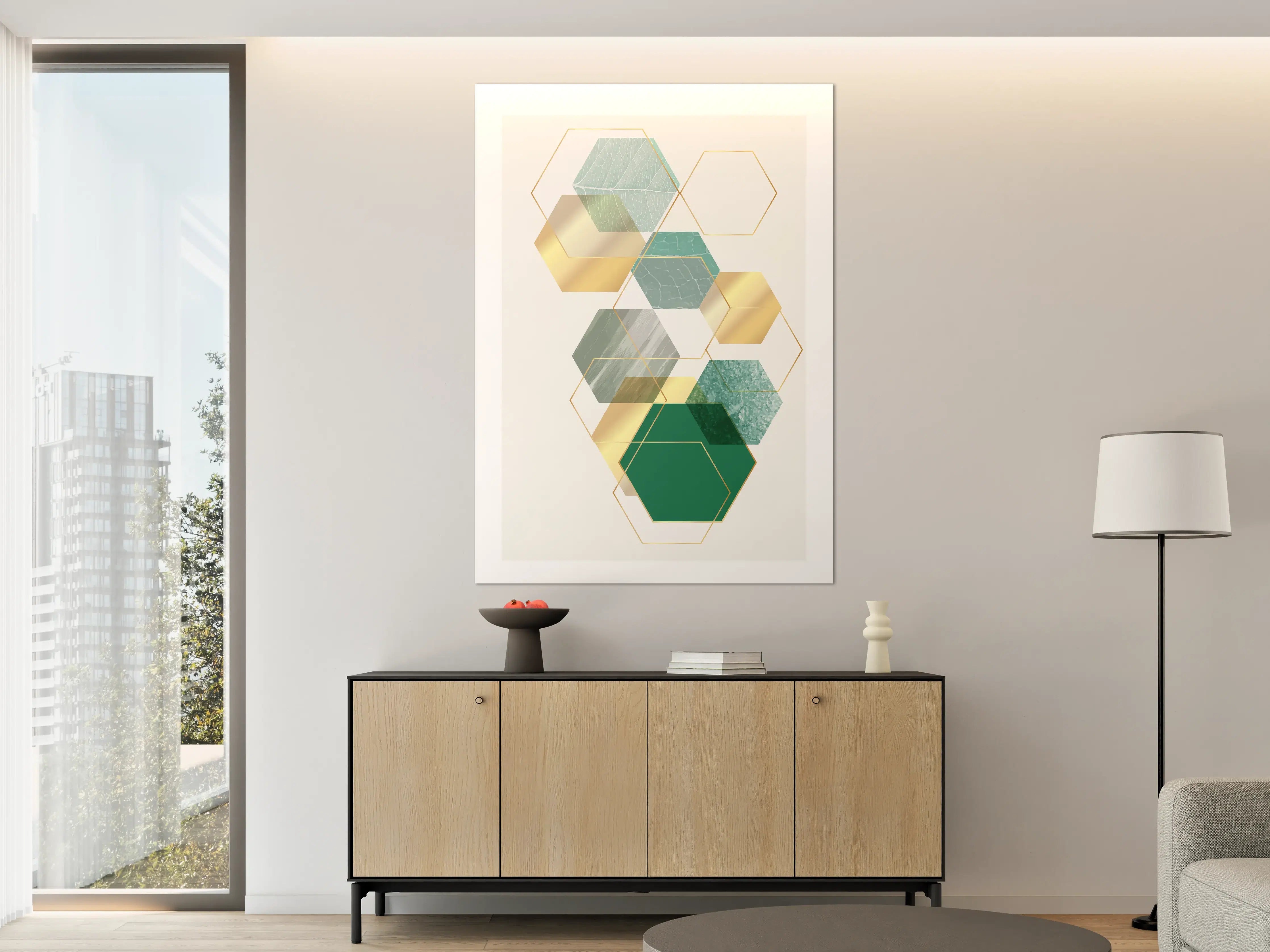 Große Wandbilder - Moderne geometrische Wandgestaltung in Grün und Gold