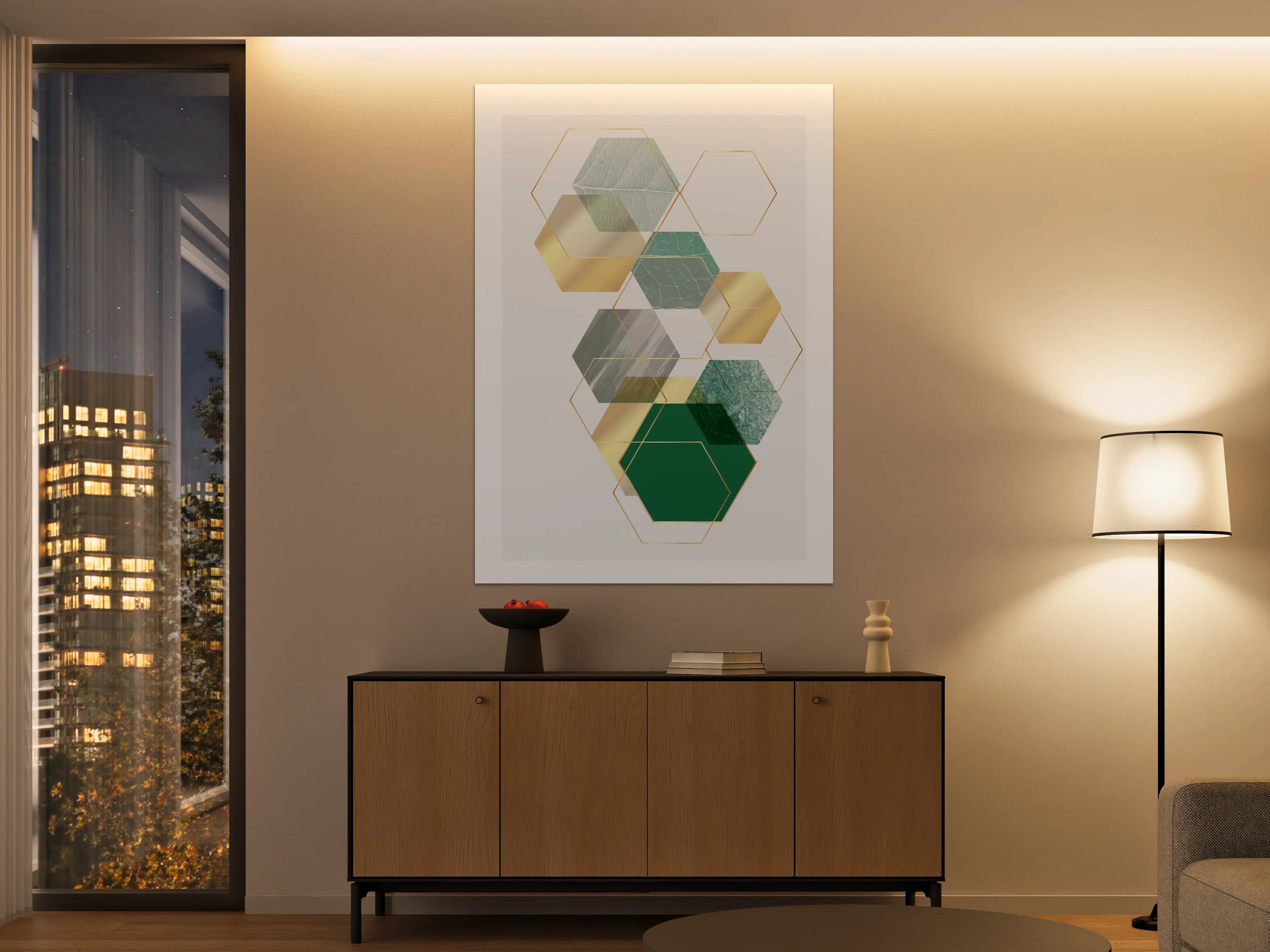 Große Wandbilder - Moderne geometrische Wandgestaltung in Grün und Gold