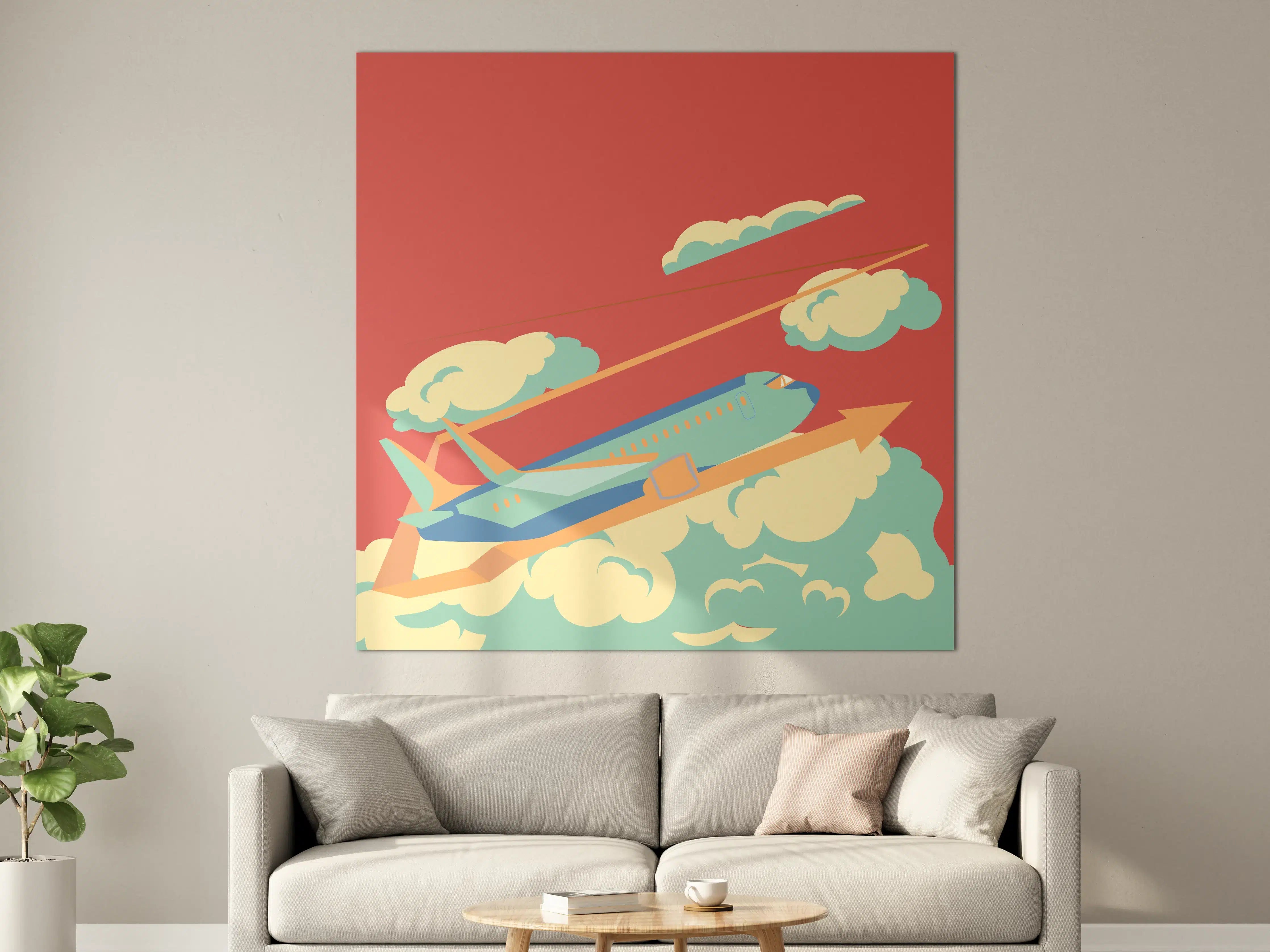 Große Wandbilder - Modernes Flugzeug in Farbigen Wolken