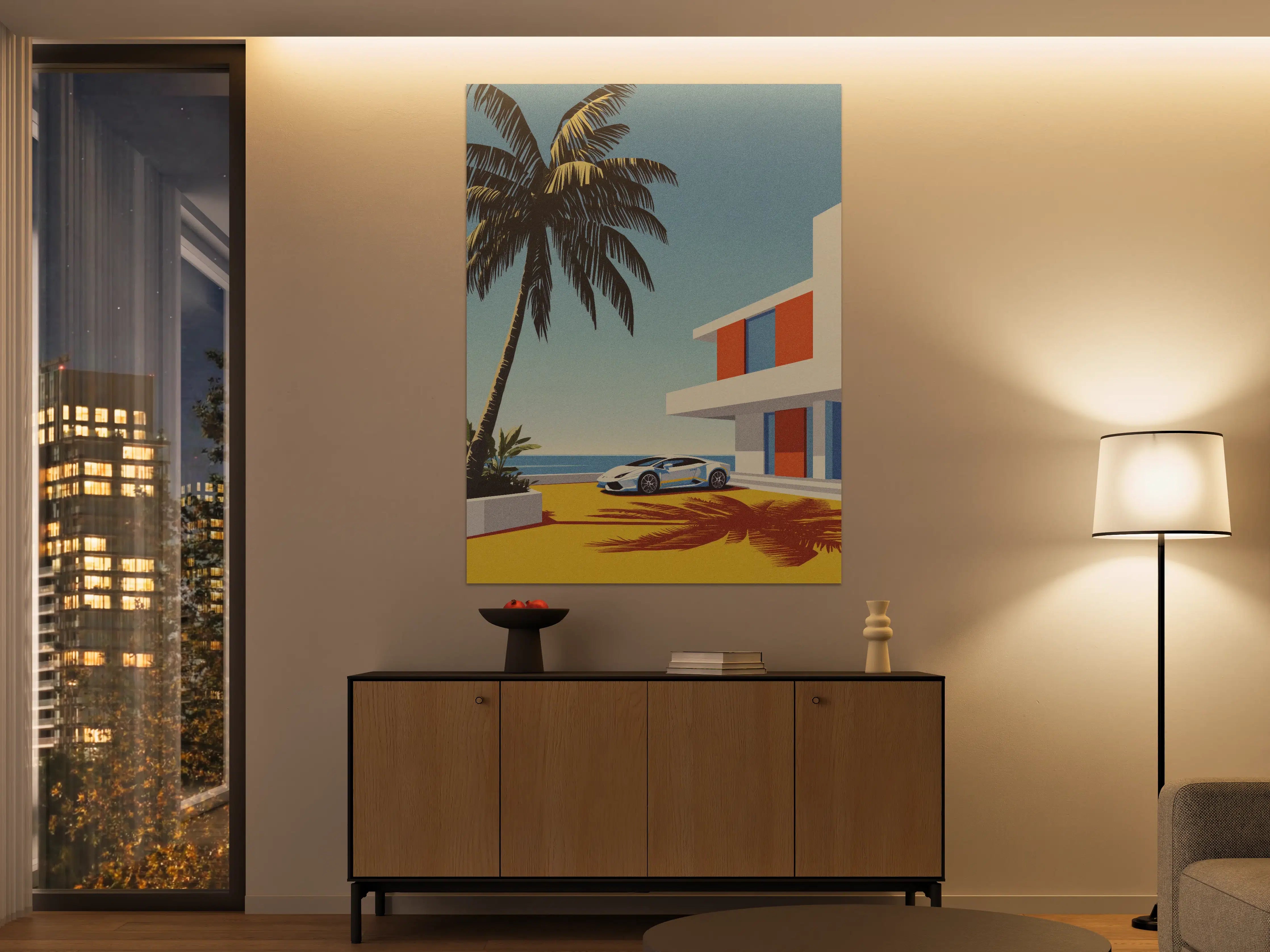 Große Wandbilder - Modernes Luxushotel am Meer mit Sportwagen vor der Tür