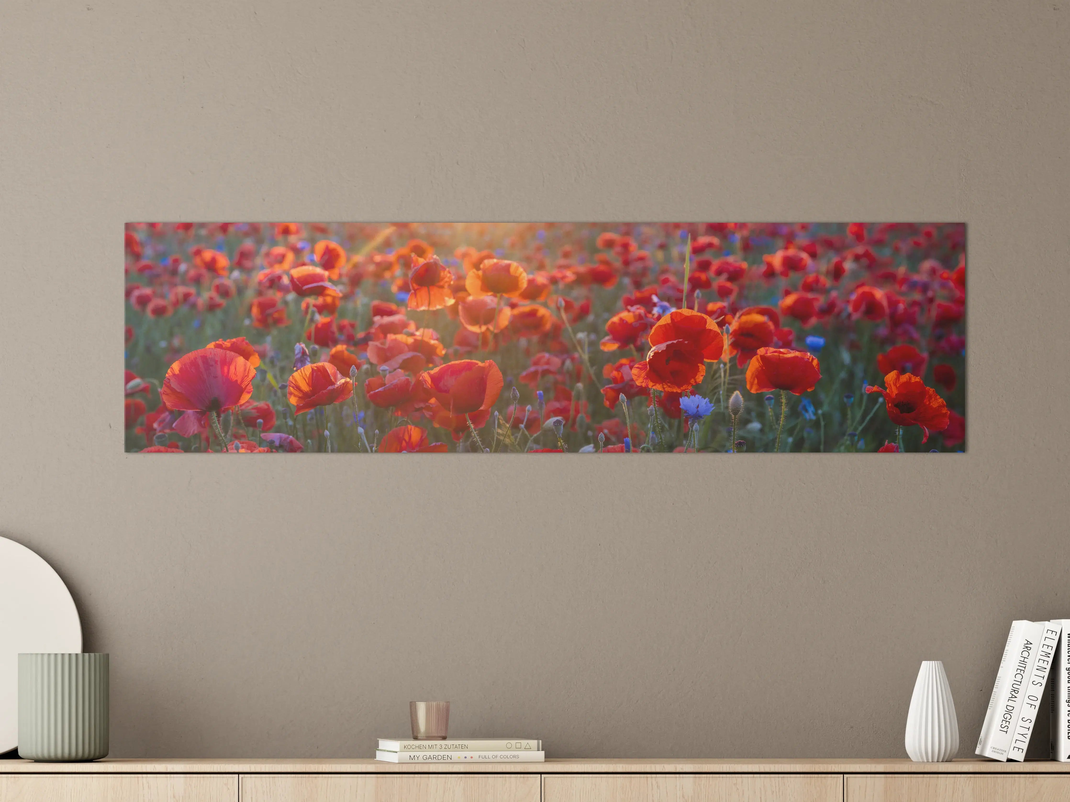 Große Wandbilder - Mohnwiese im Licht der untergehenden Sonne