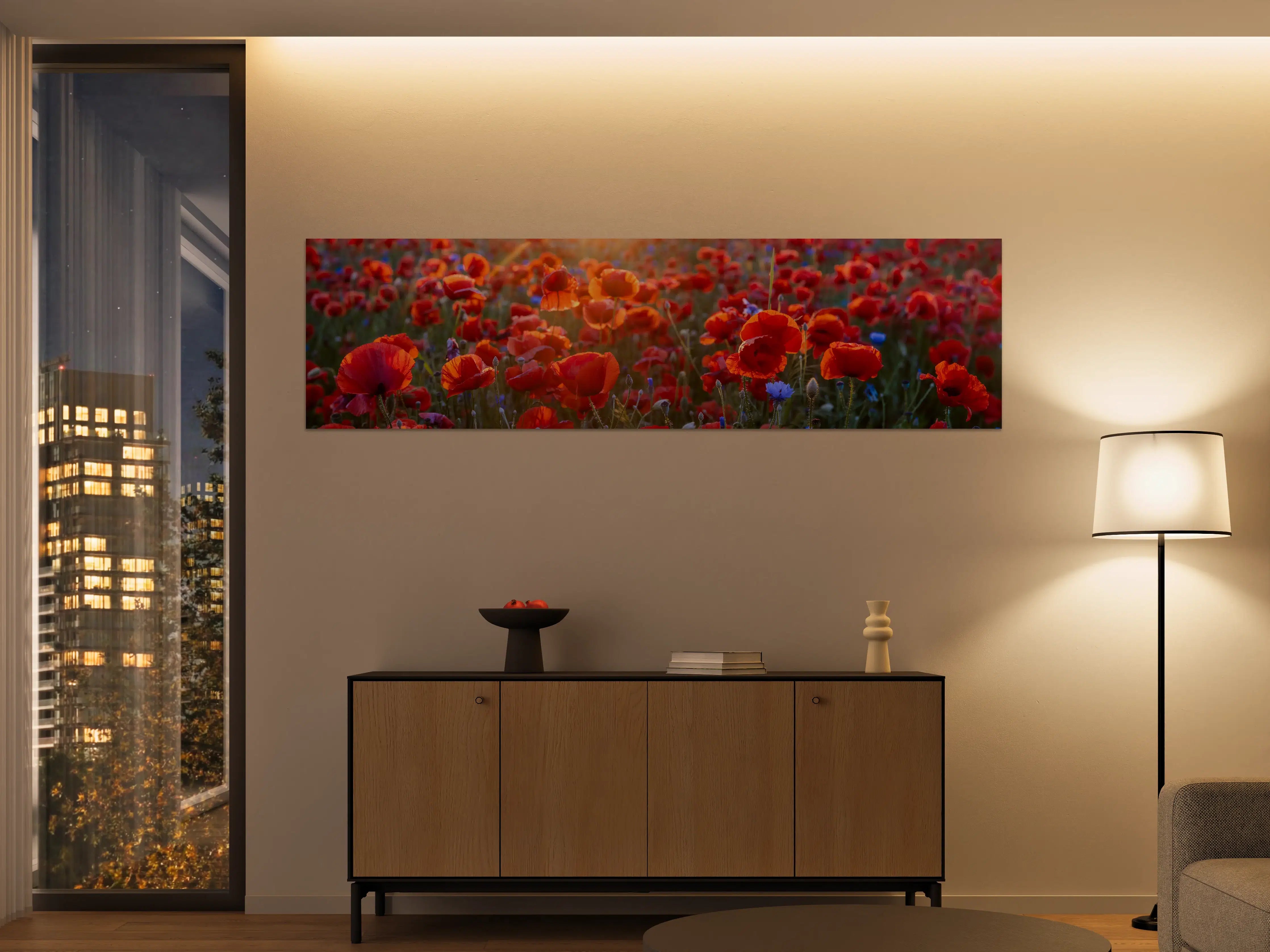 Große Wandbilder - Mohnwiese im Licht der untergehenden Sonne