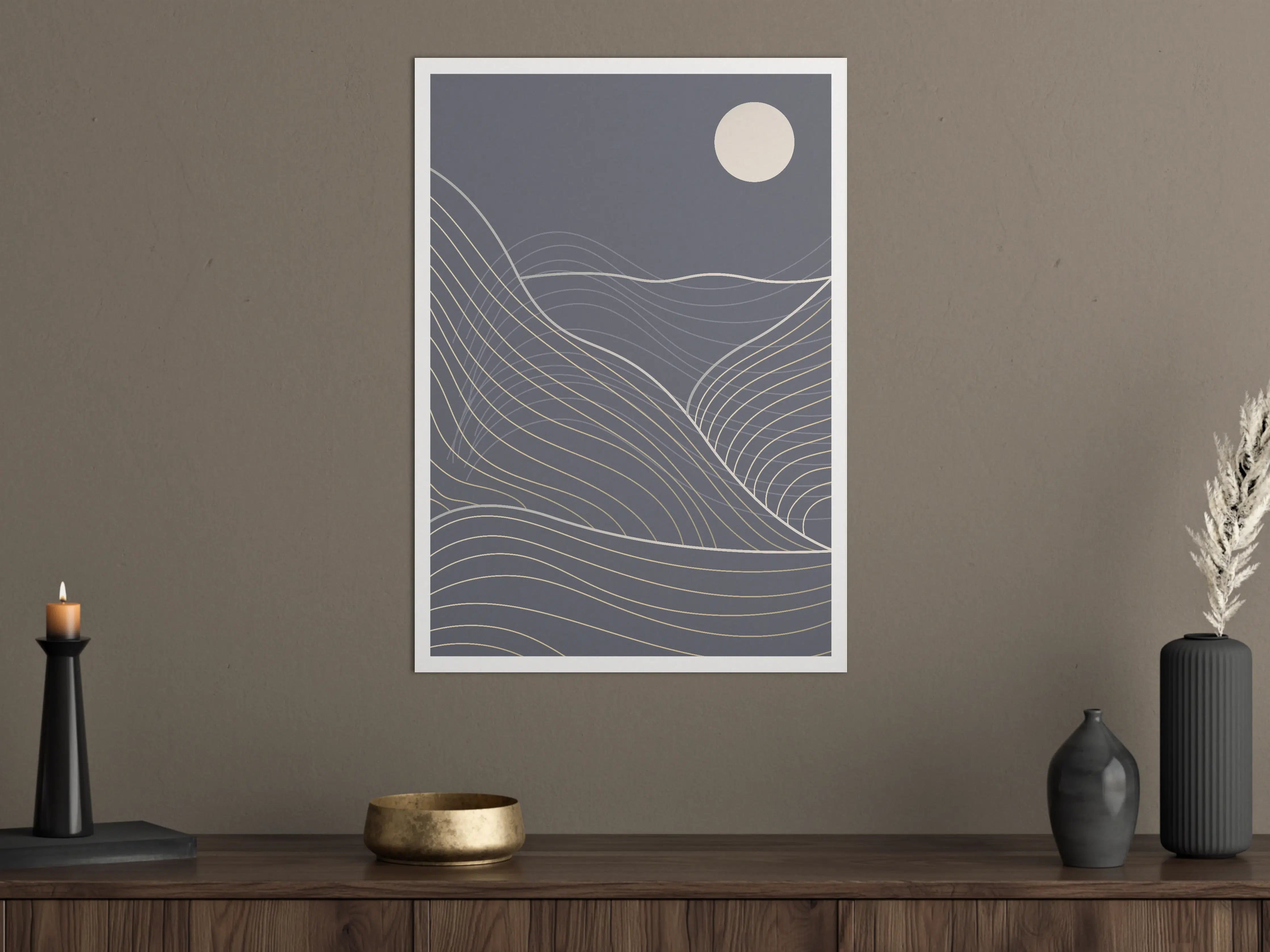 Große Wandbilder - Mond über Wellen in Grau und Creme