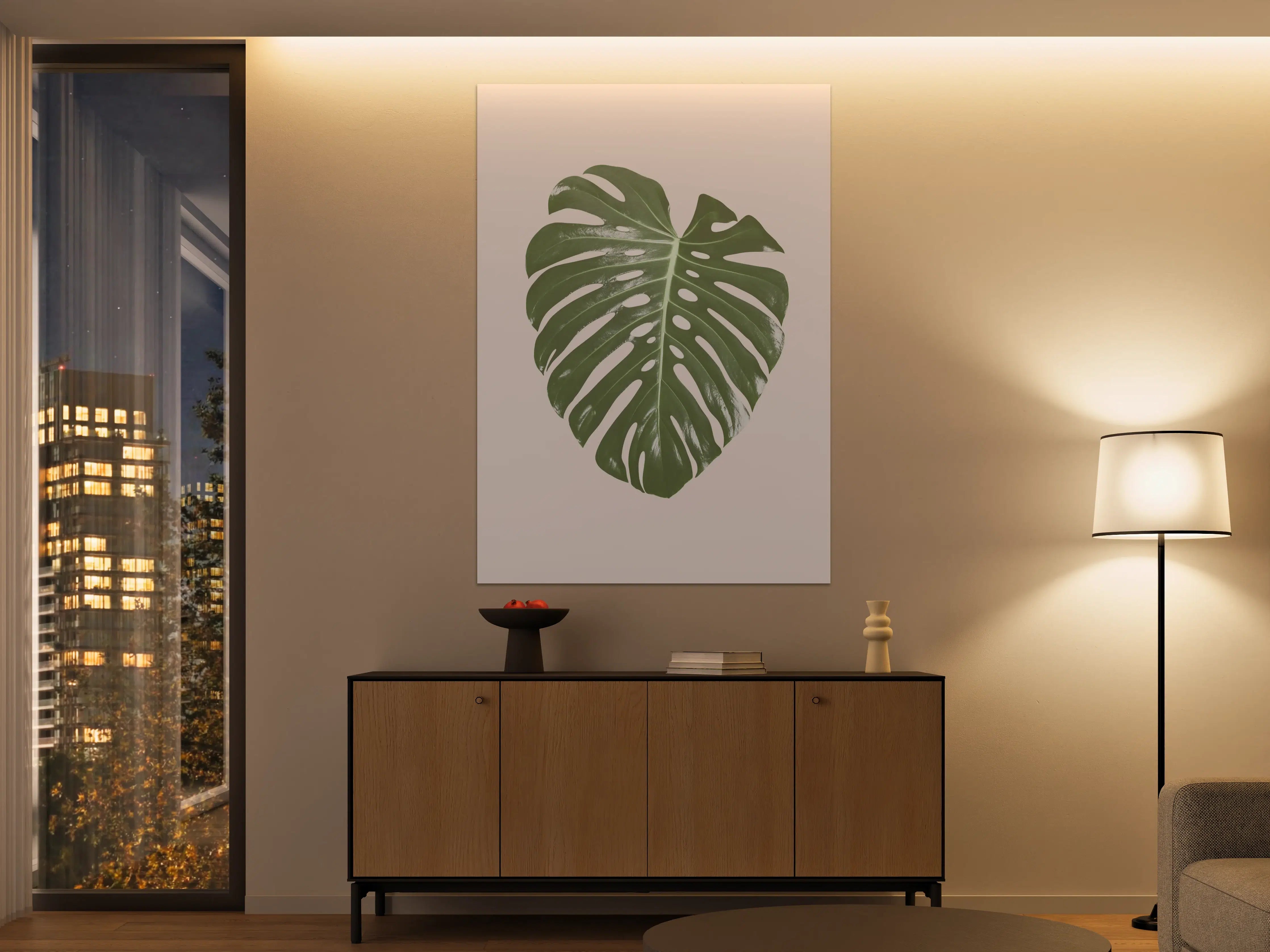 Große Wandbilder - Monstera-Blatt auf pastellfarbenem Hintergrund