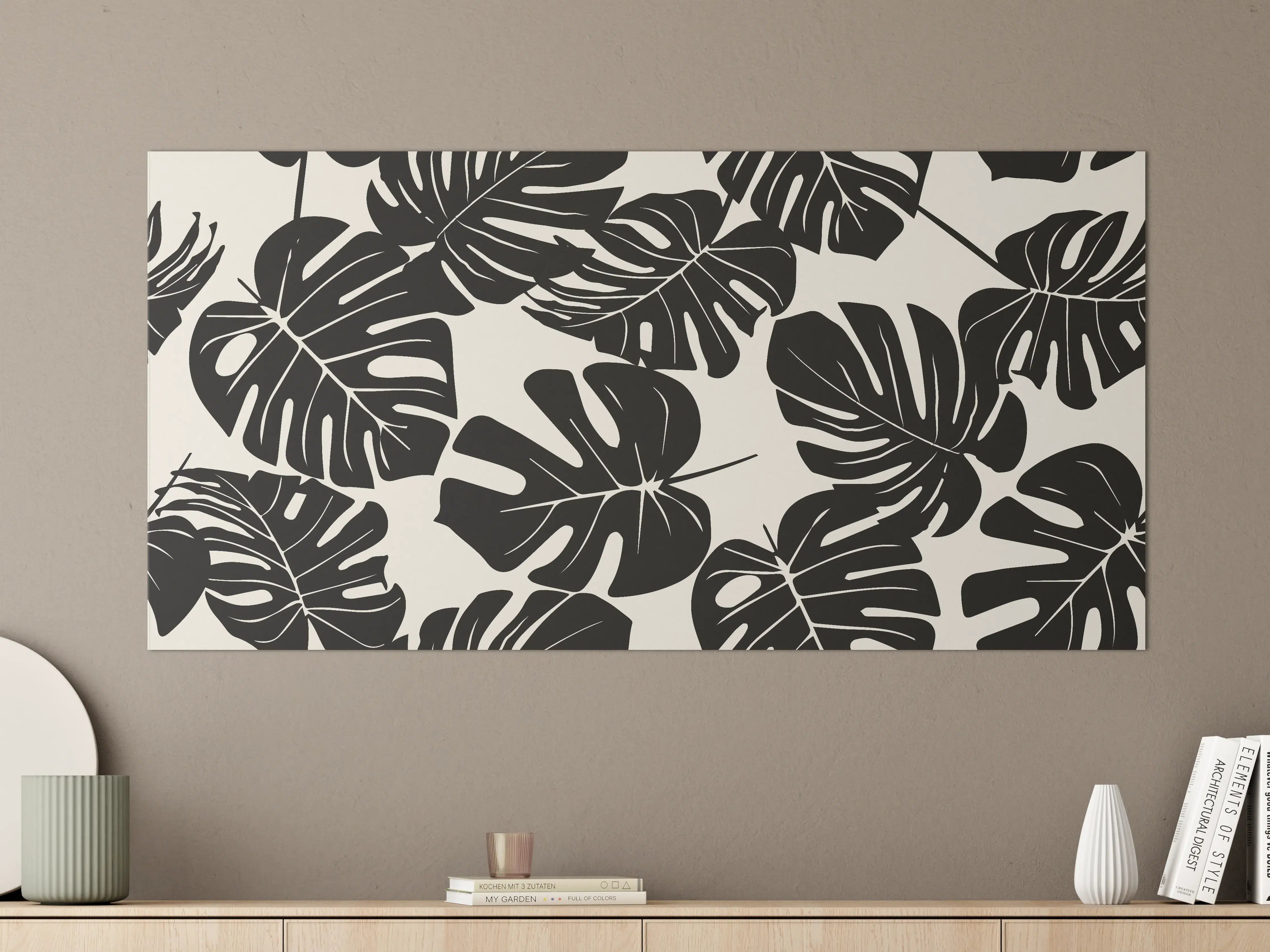 Große Wandbilder - Monstera Schwarz-Beige Muster
