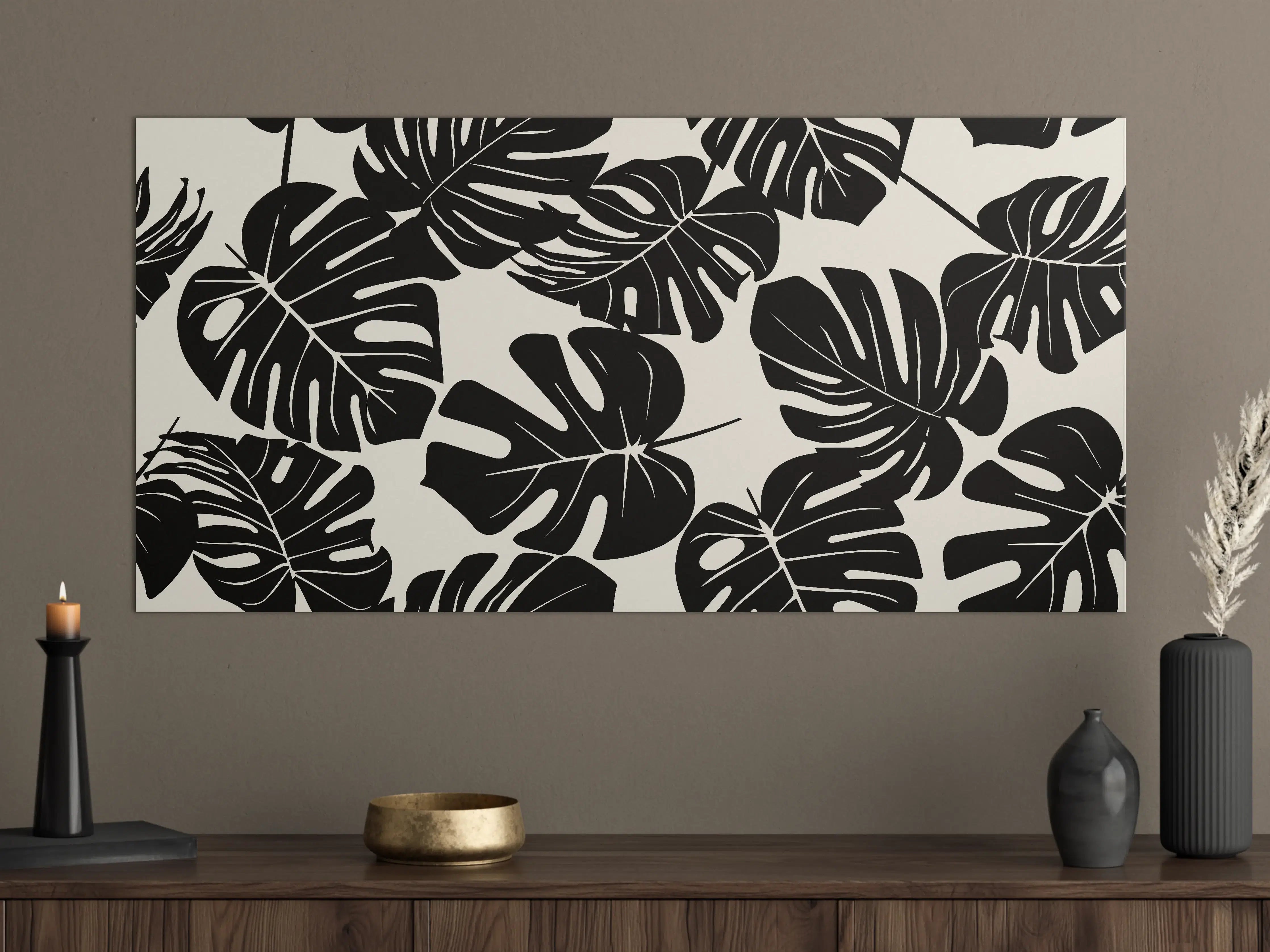 Große Wandbilder - Monstera Schwarz-Beige Muster