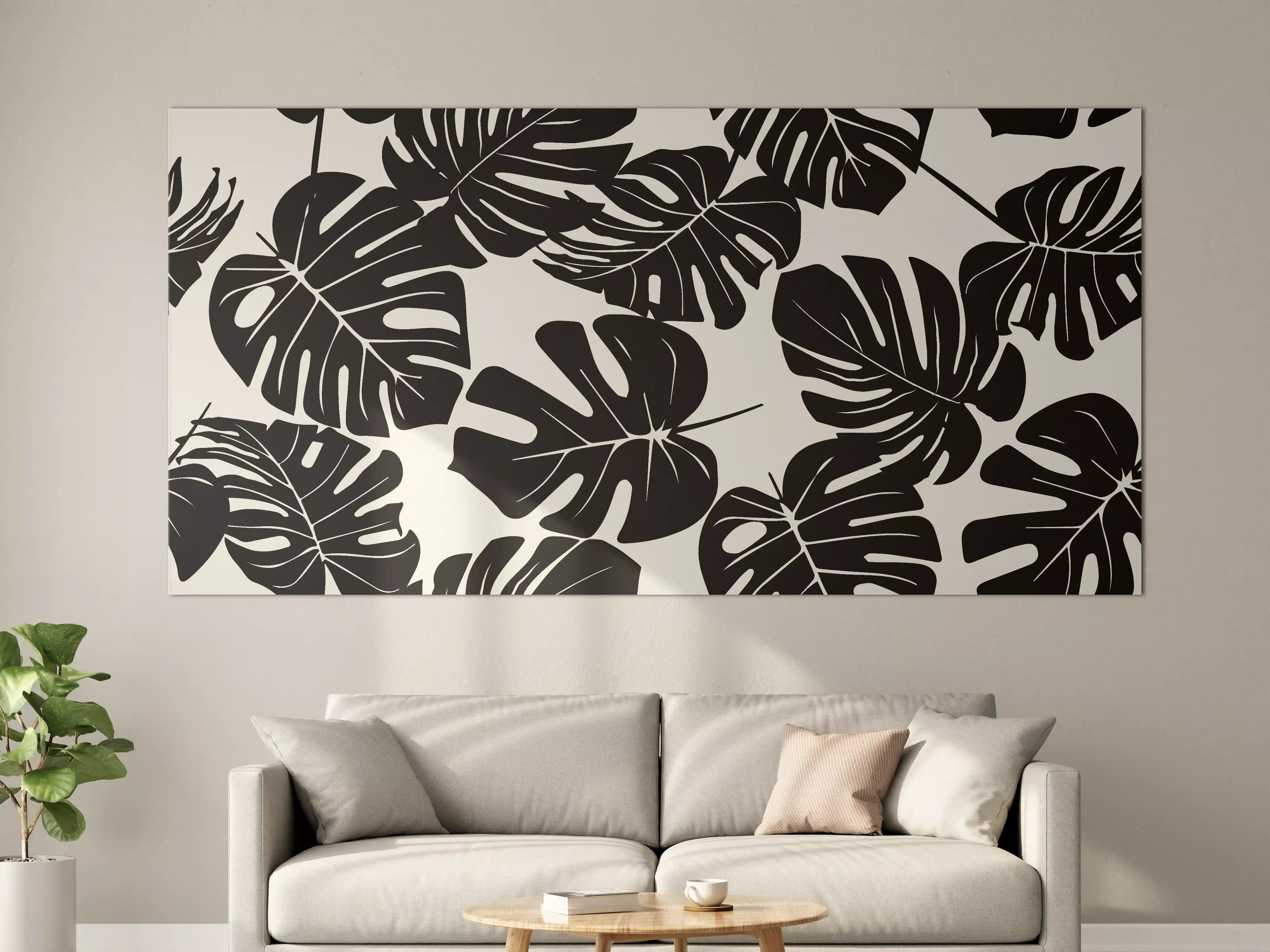 Große Wandbilder - Monstera Schwarz-Beige Muster
