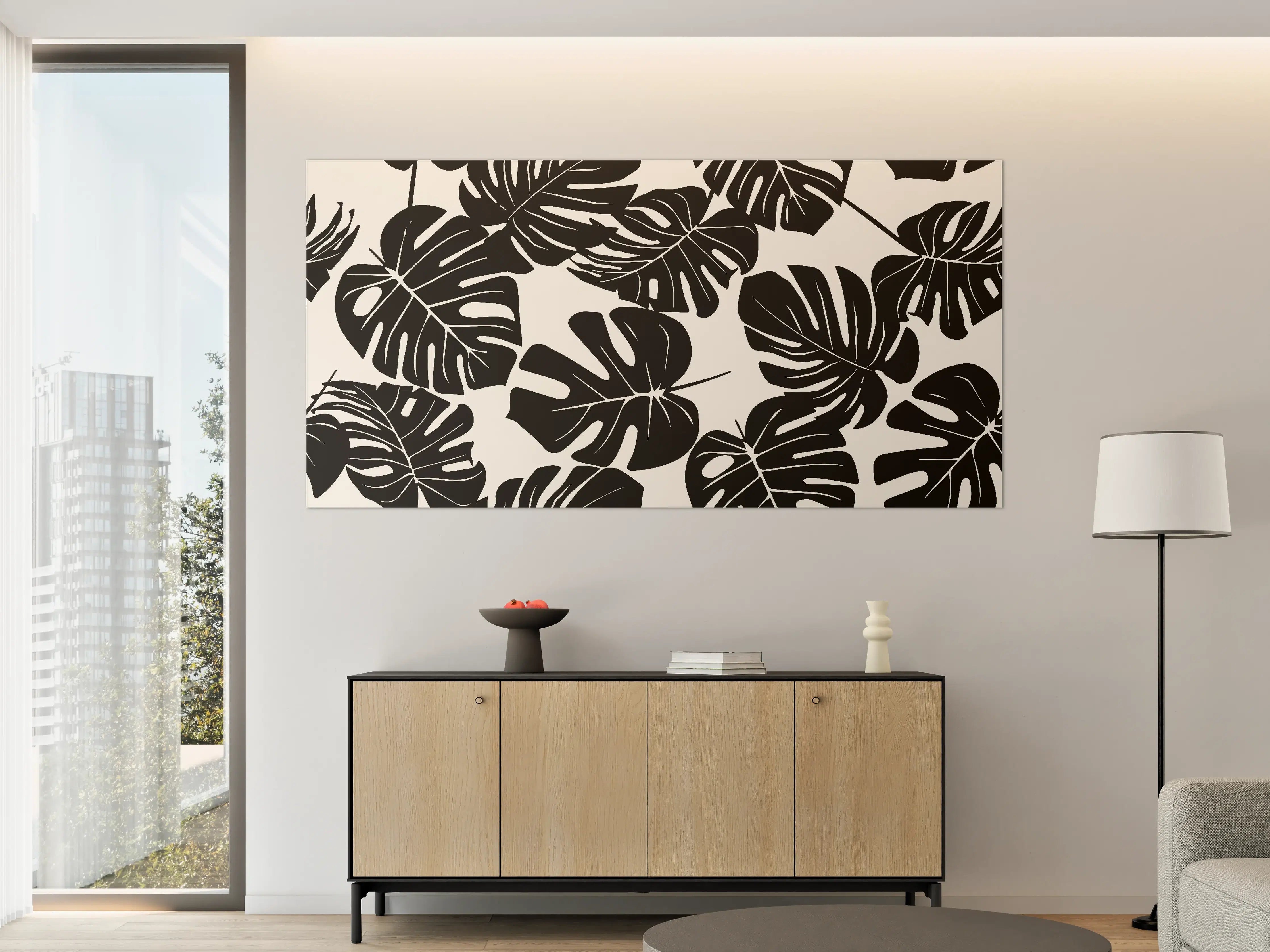 Große Wandbilder - Monstera Schwarz-Beige Muster