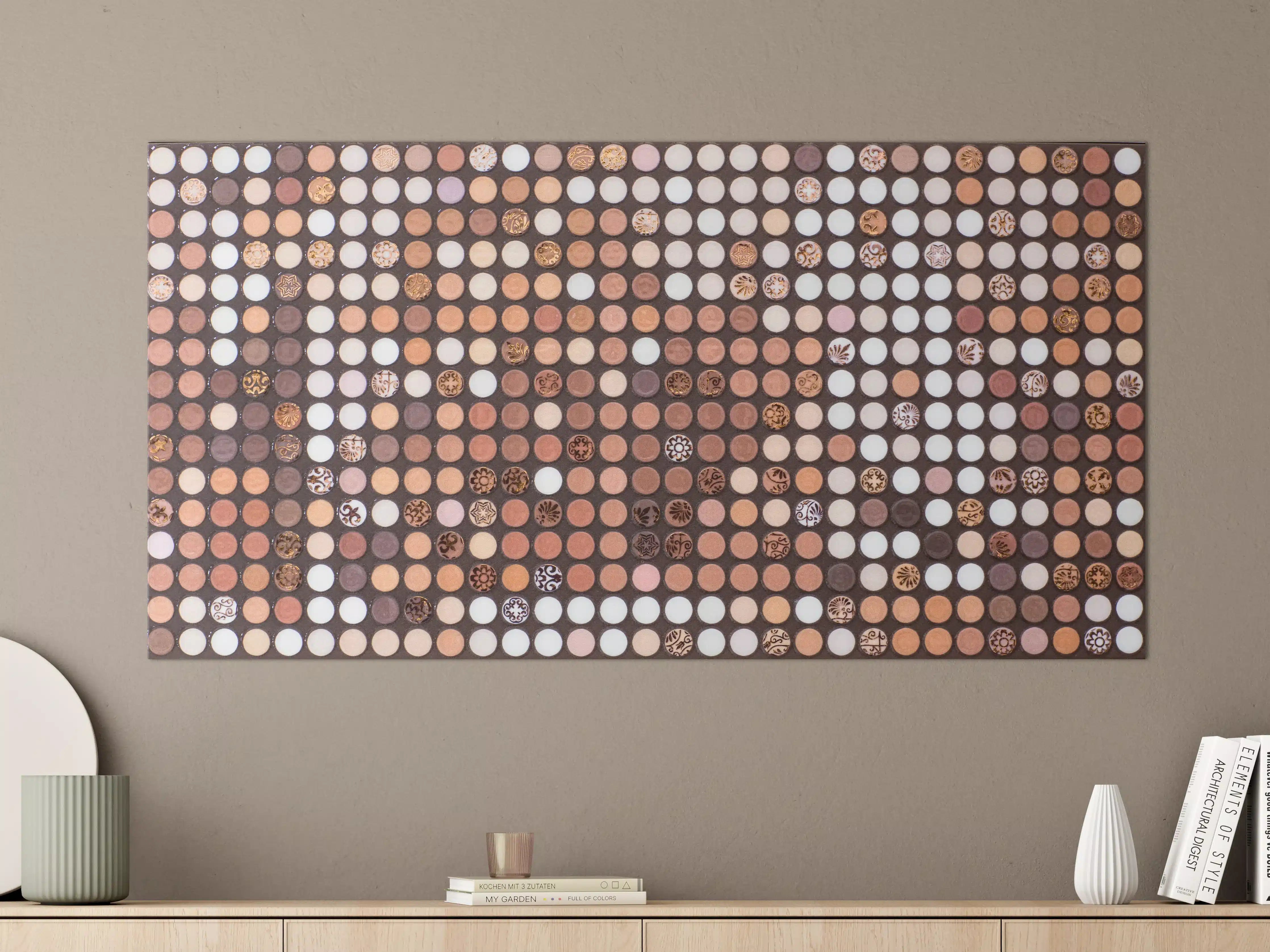 Große Wandbilder - Mosaik aus Holz- und Steinelementen mit warmen Braun- und Beigetönen