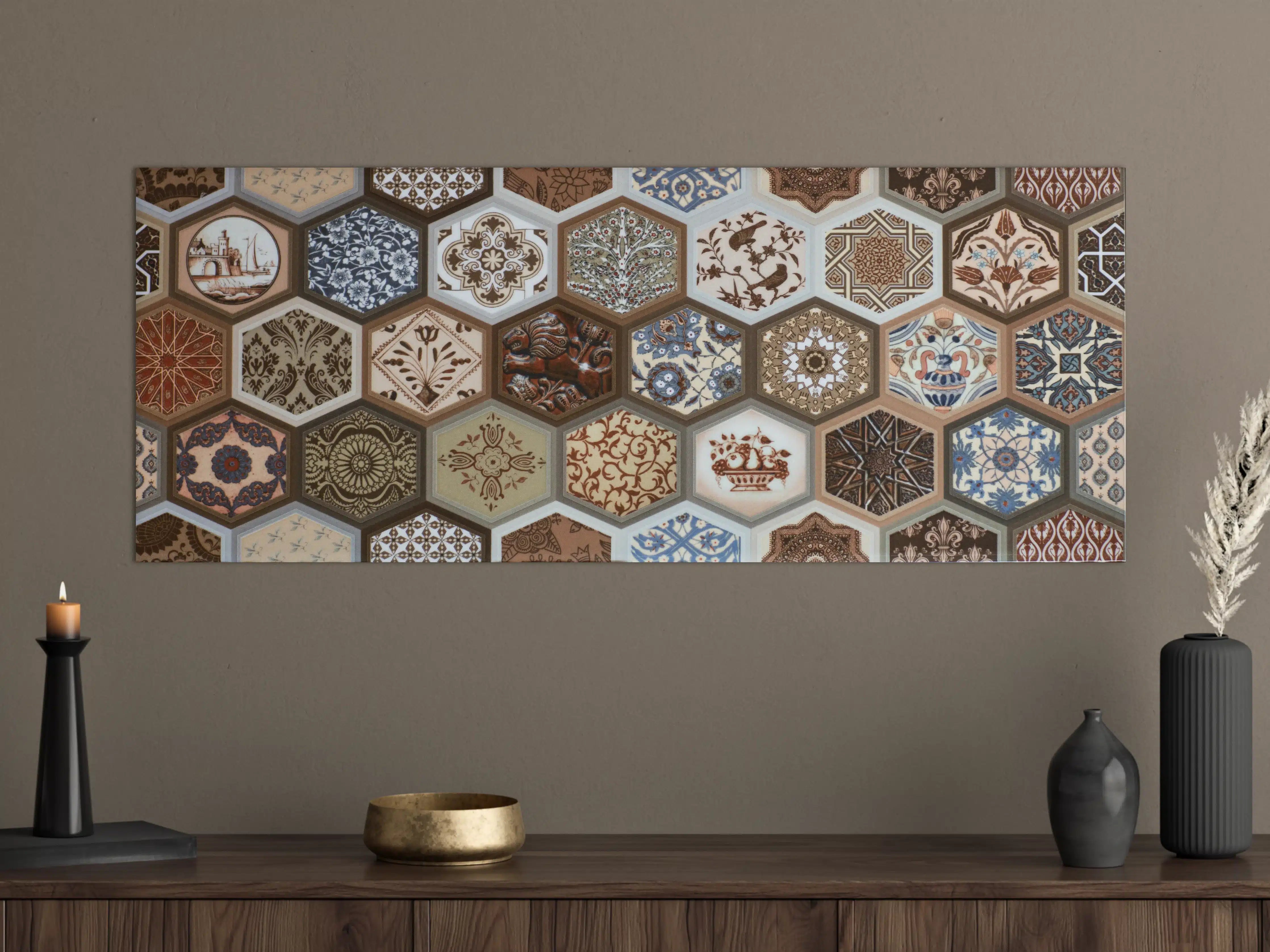 Große Wandbilder - Mosaikfliesen mit vielfältigen Mustern und Erdfarben