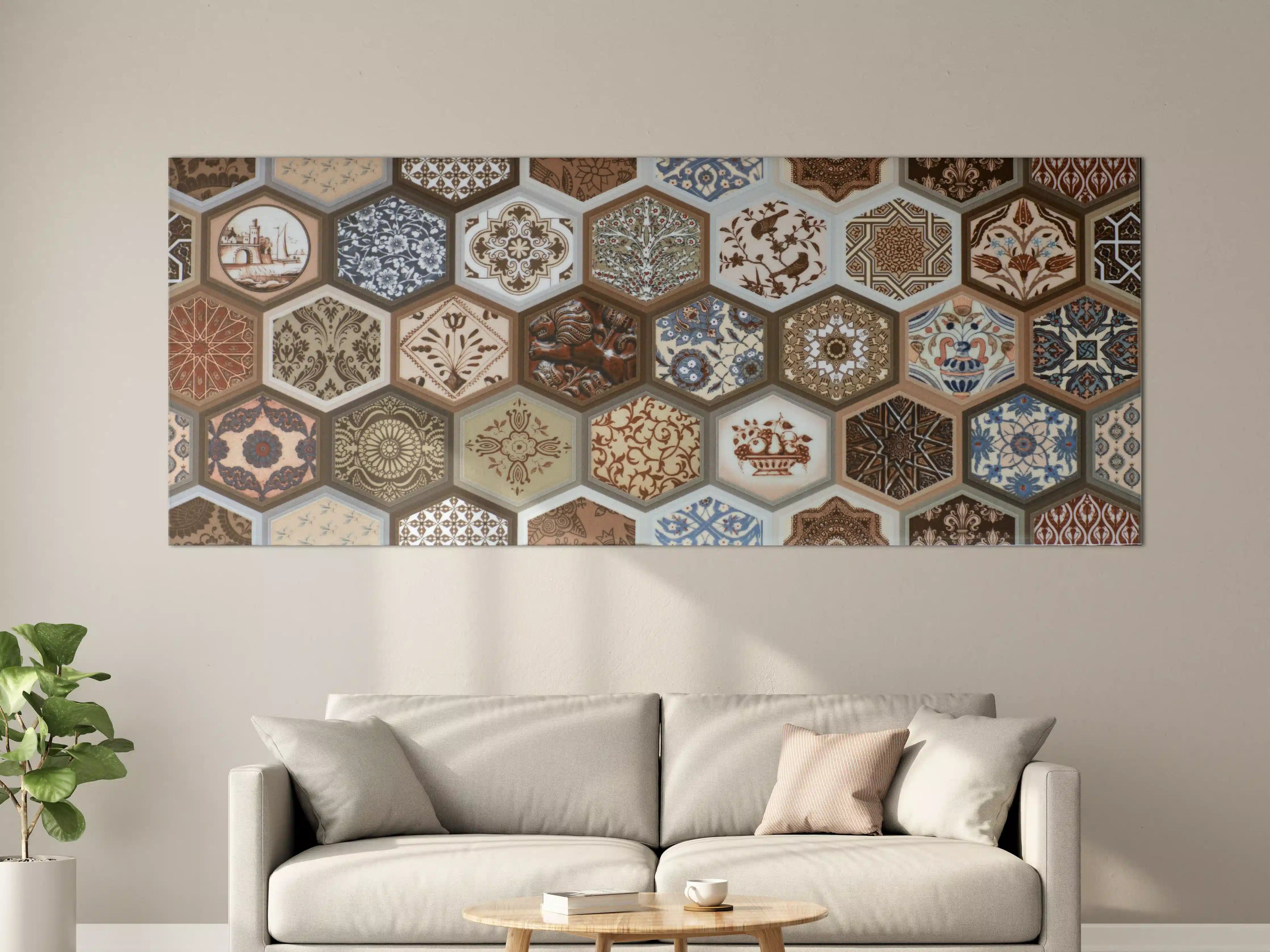 Große Wandbilder - Mosaikfliesen mit vielfältigen Mustern und Erdfarben