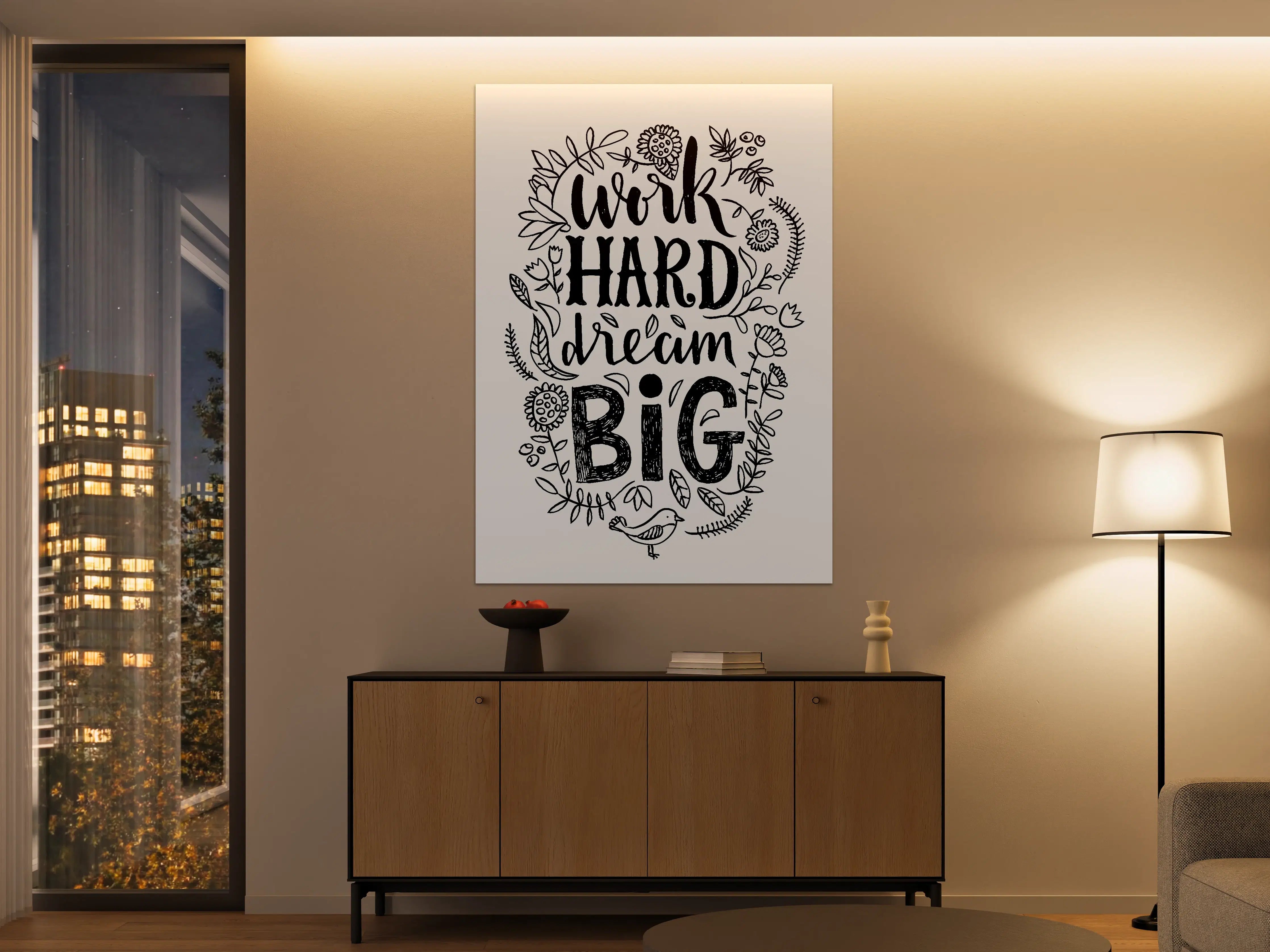 Große Wandbilder - Motivierender Spruch 'Work Hard Dream Big' mit floraler Gestaltung