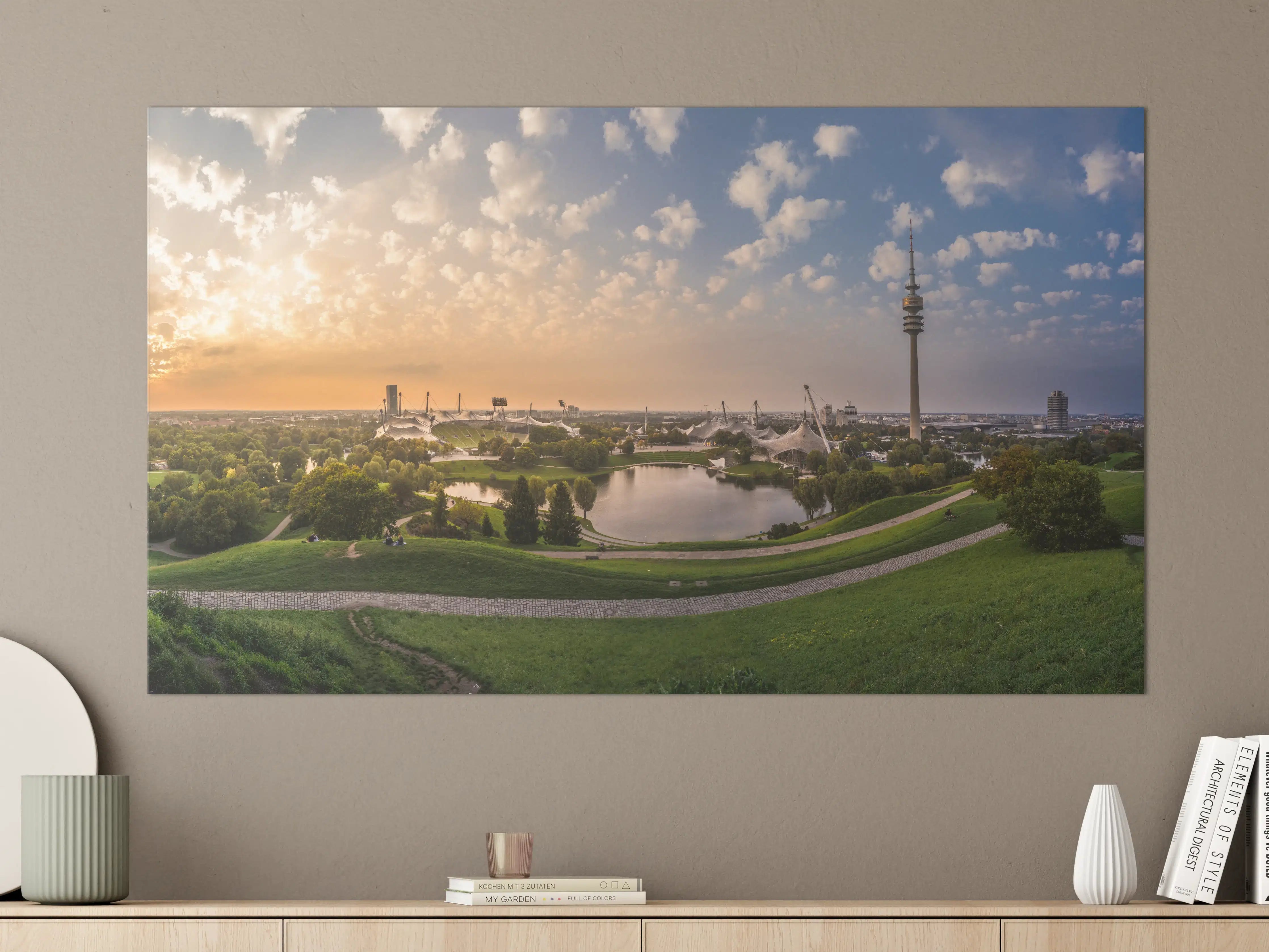Große Wandbilder - München Olympiaberg mit Sonnenuntergang