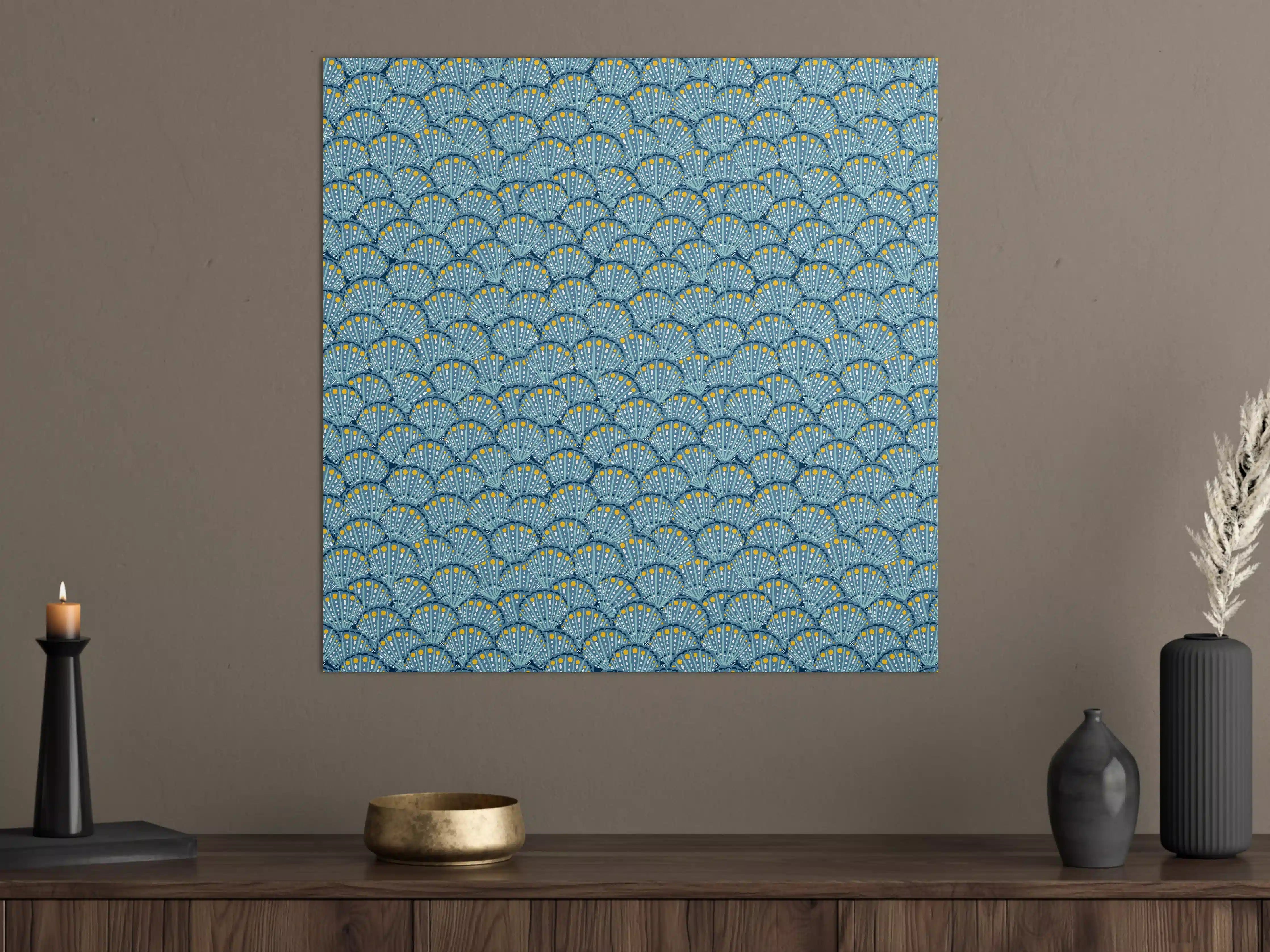 Große Wandbilder - Muschel-Muster Blau-Gelb