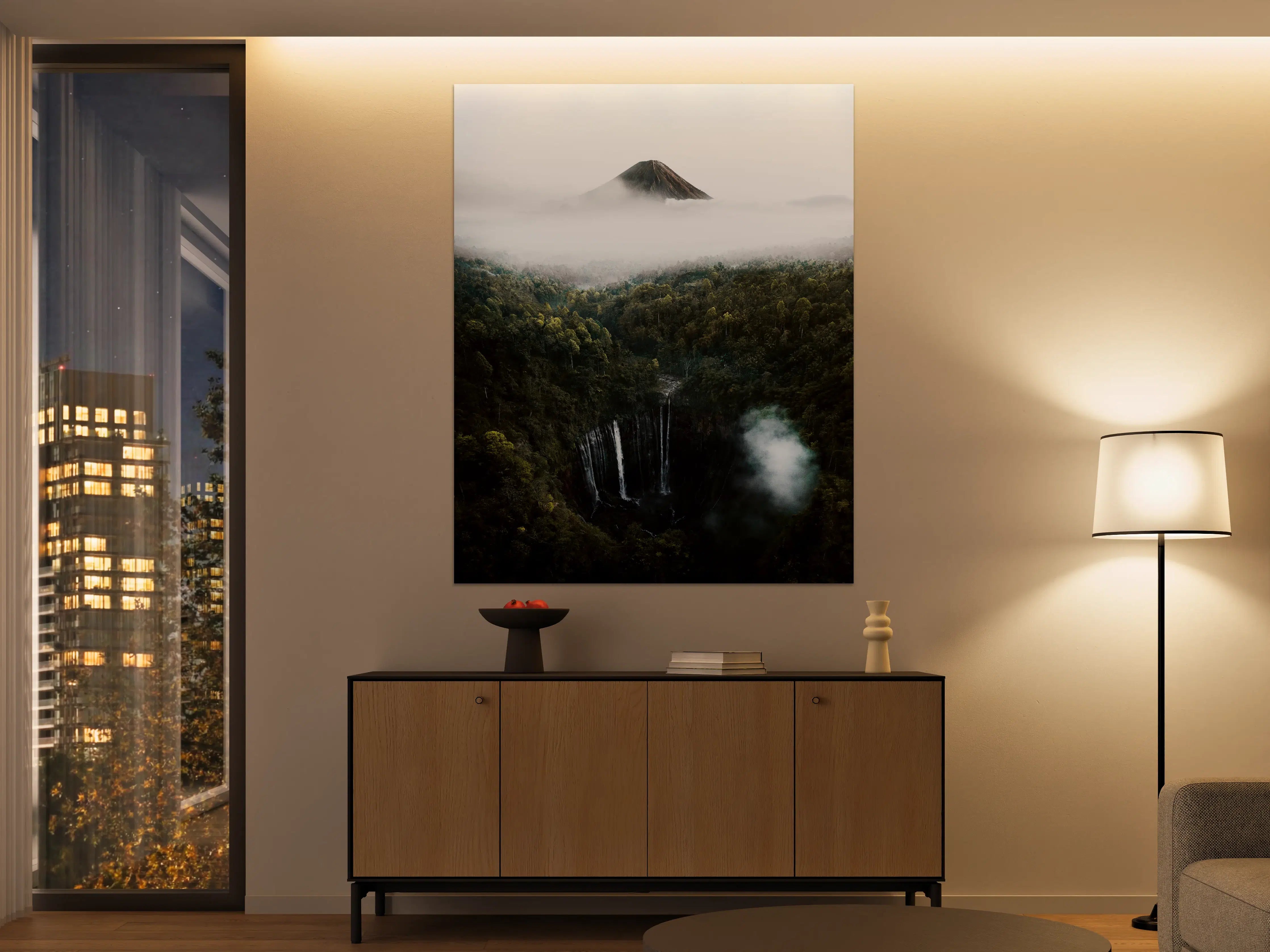 Große Wandbilder - Mystischer Vulkanausblick mit Wasserfall