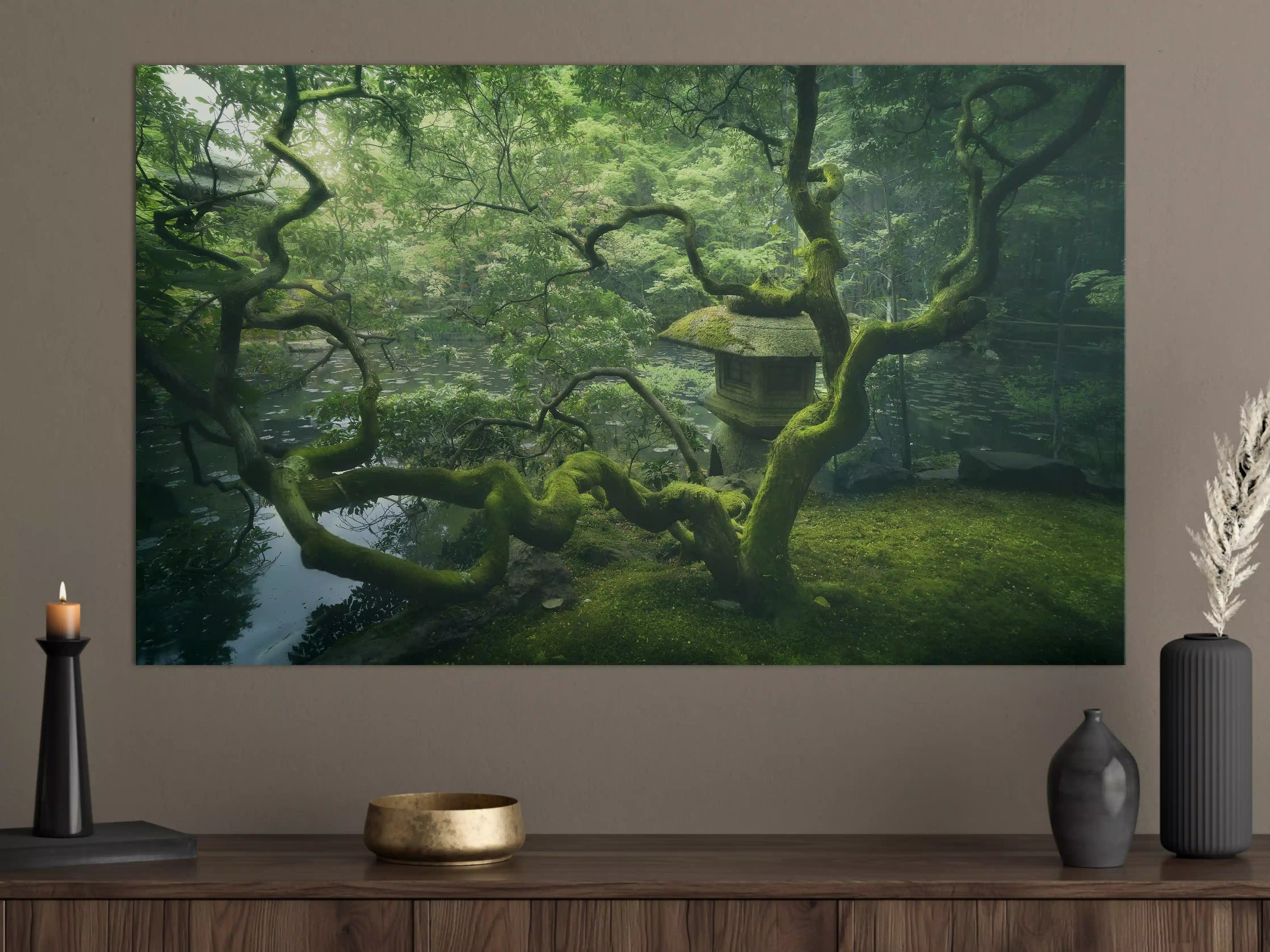 Große Wandbilder - Mystischer grün bewachsener Baum im Zen-Garten