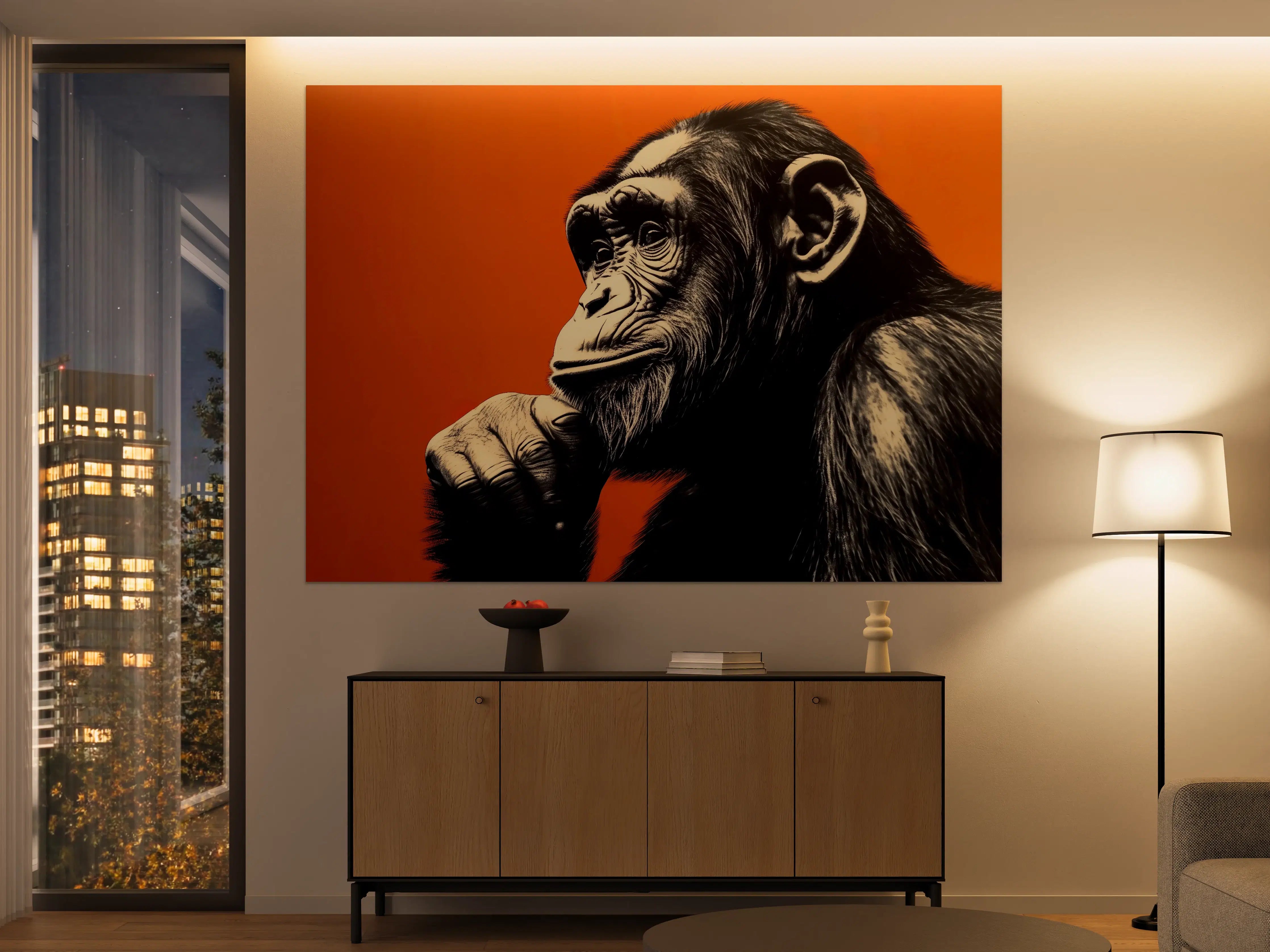 Große Wandbilder - Nachdenklicher Affe auf orangefarbenem Hintergrund