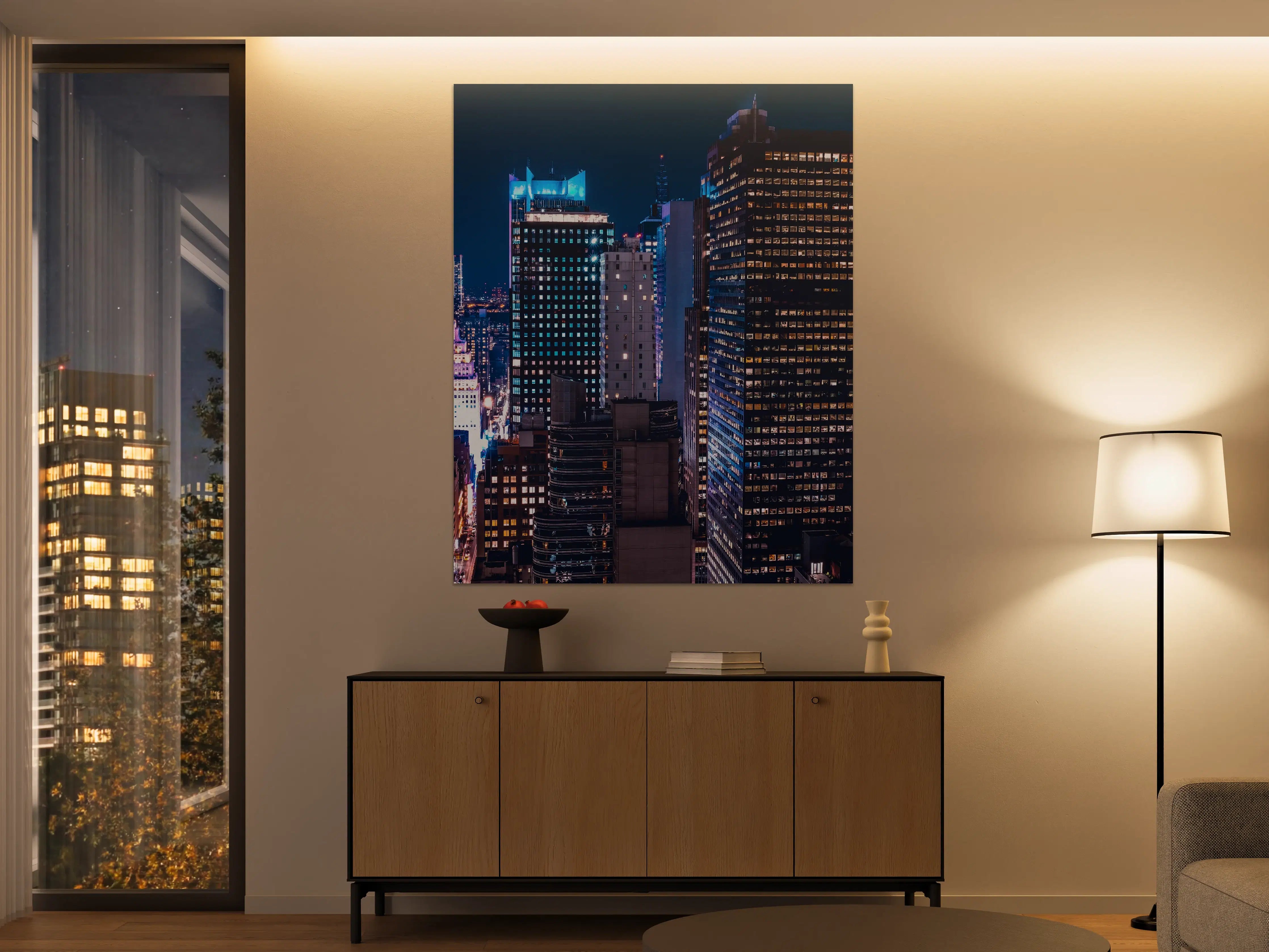 Große Wandbilder - Nachtaufnahme der skyline bei Dunkelheit mit leuchtenden Gebäuden