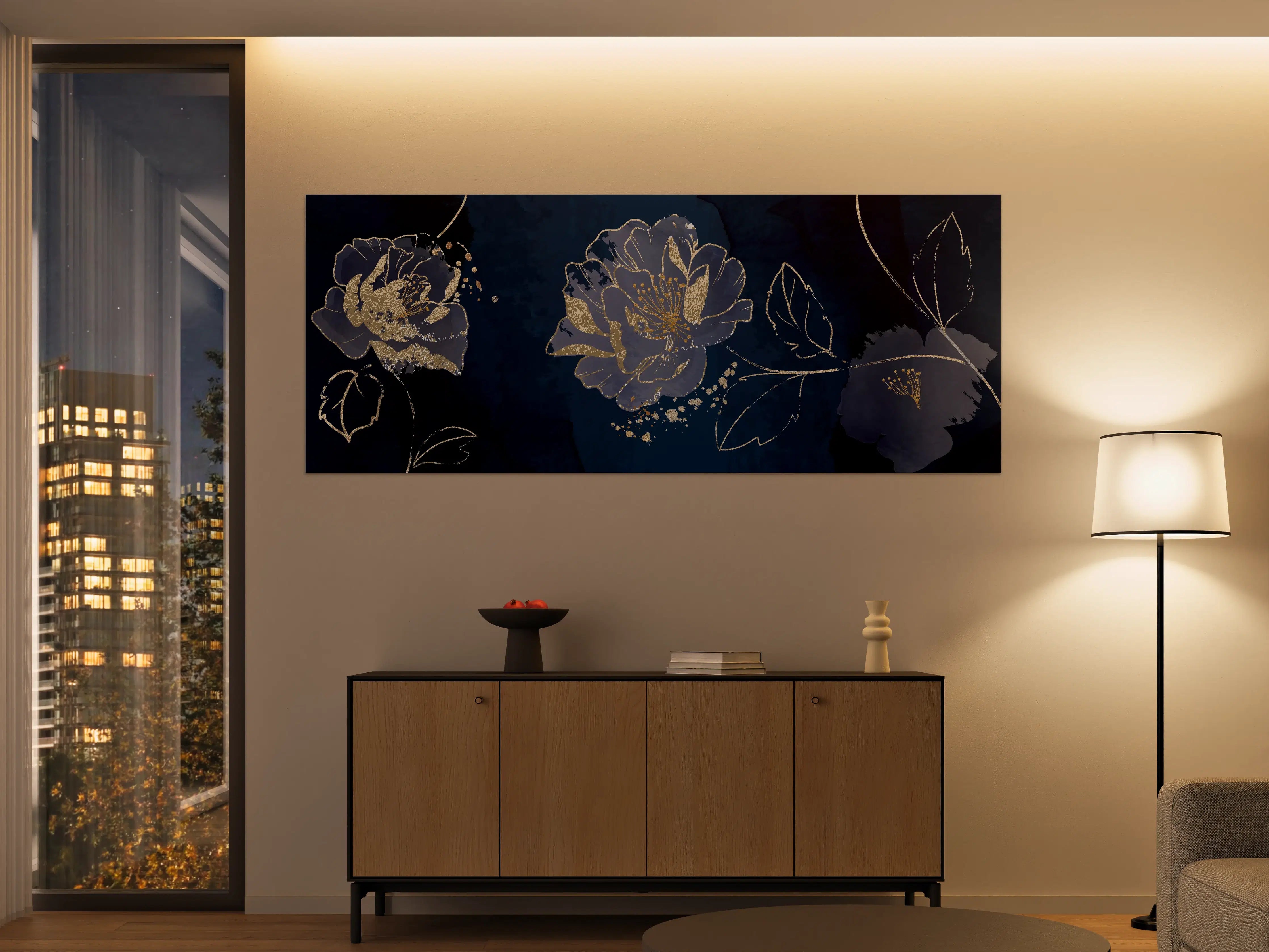 Große Wandbilder - Nachtblaue Blumen Goldakzente