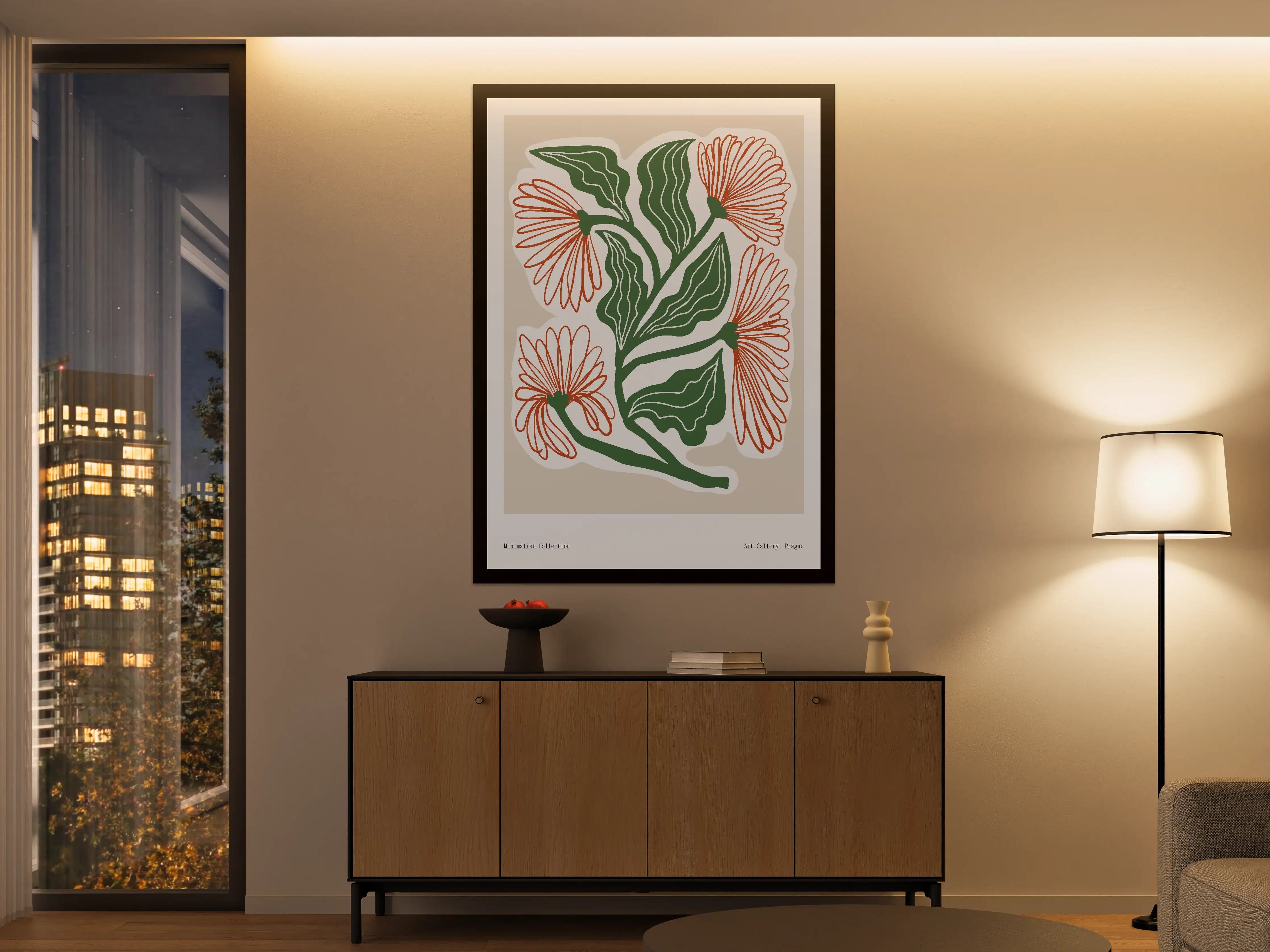 Große Wandbilder - Nahtlose Blumenillustration mit grünen Blättern und orangefarbenen Blüten