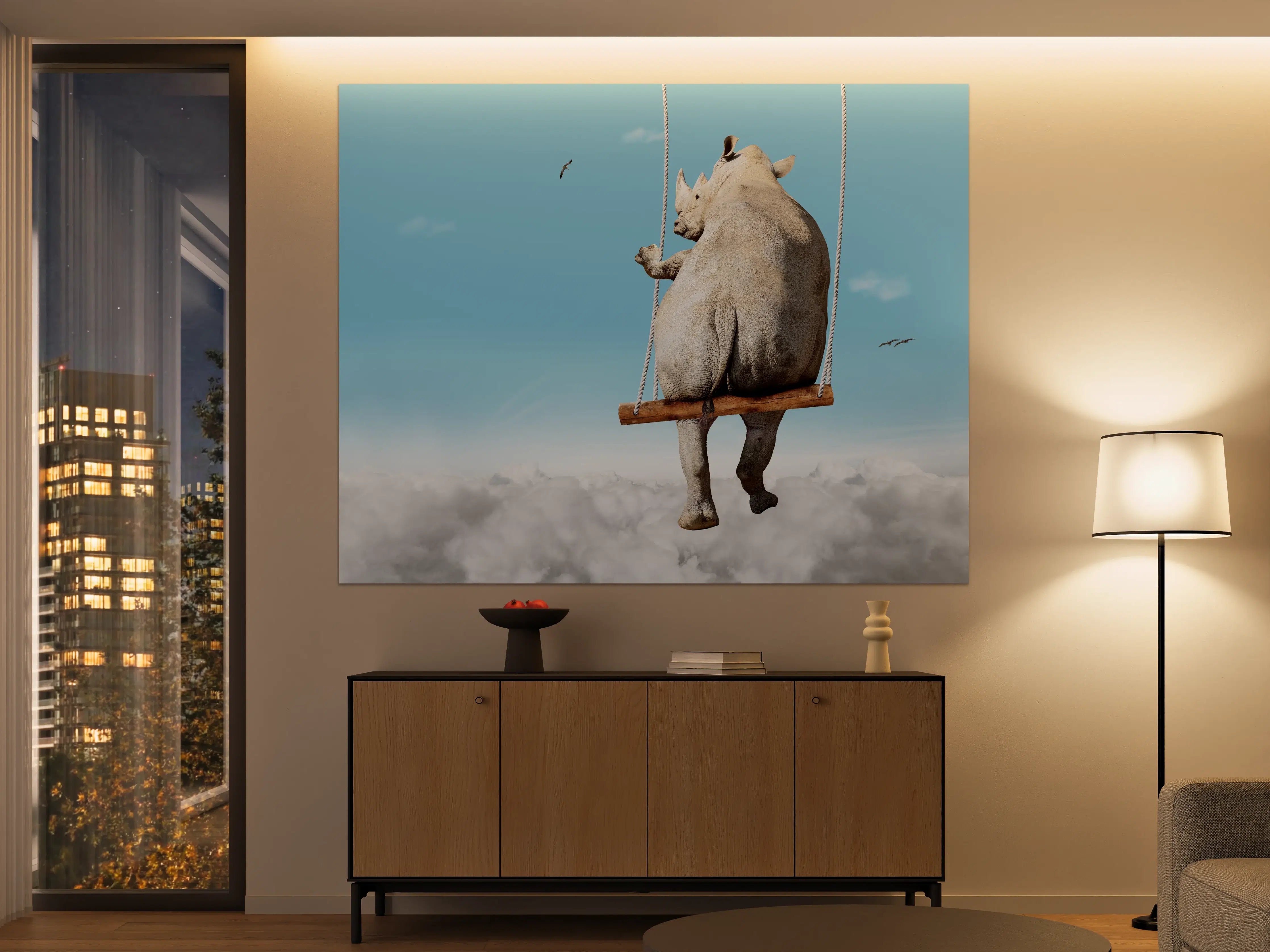 Große Wandbilder - Nashorn schaukelt über den Wolken