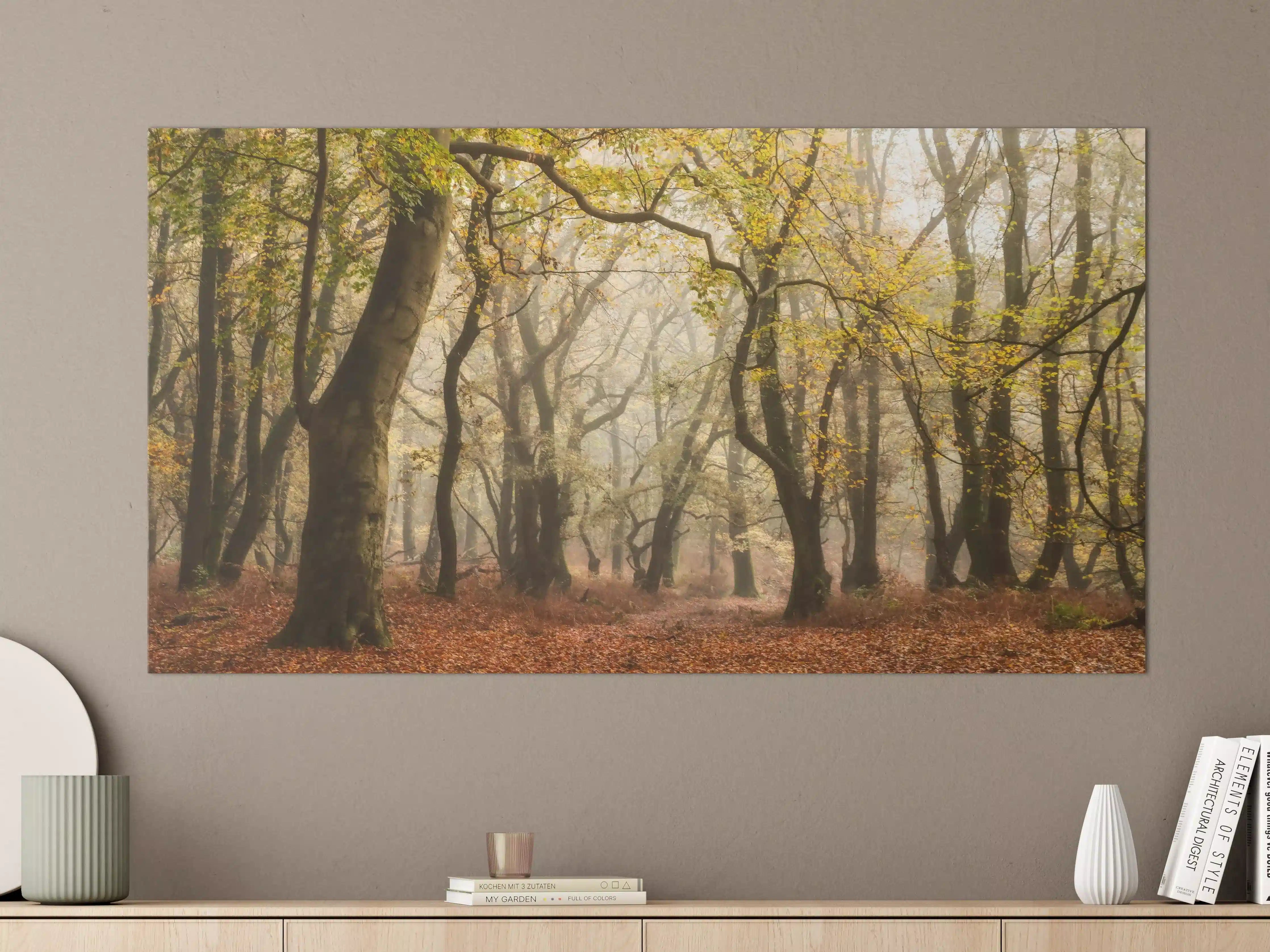 Große Wandbilder - Nebelgrauer Wald im Herbst
