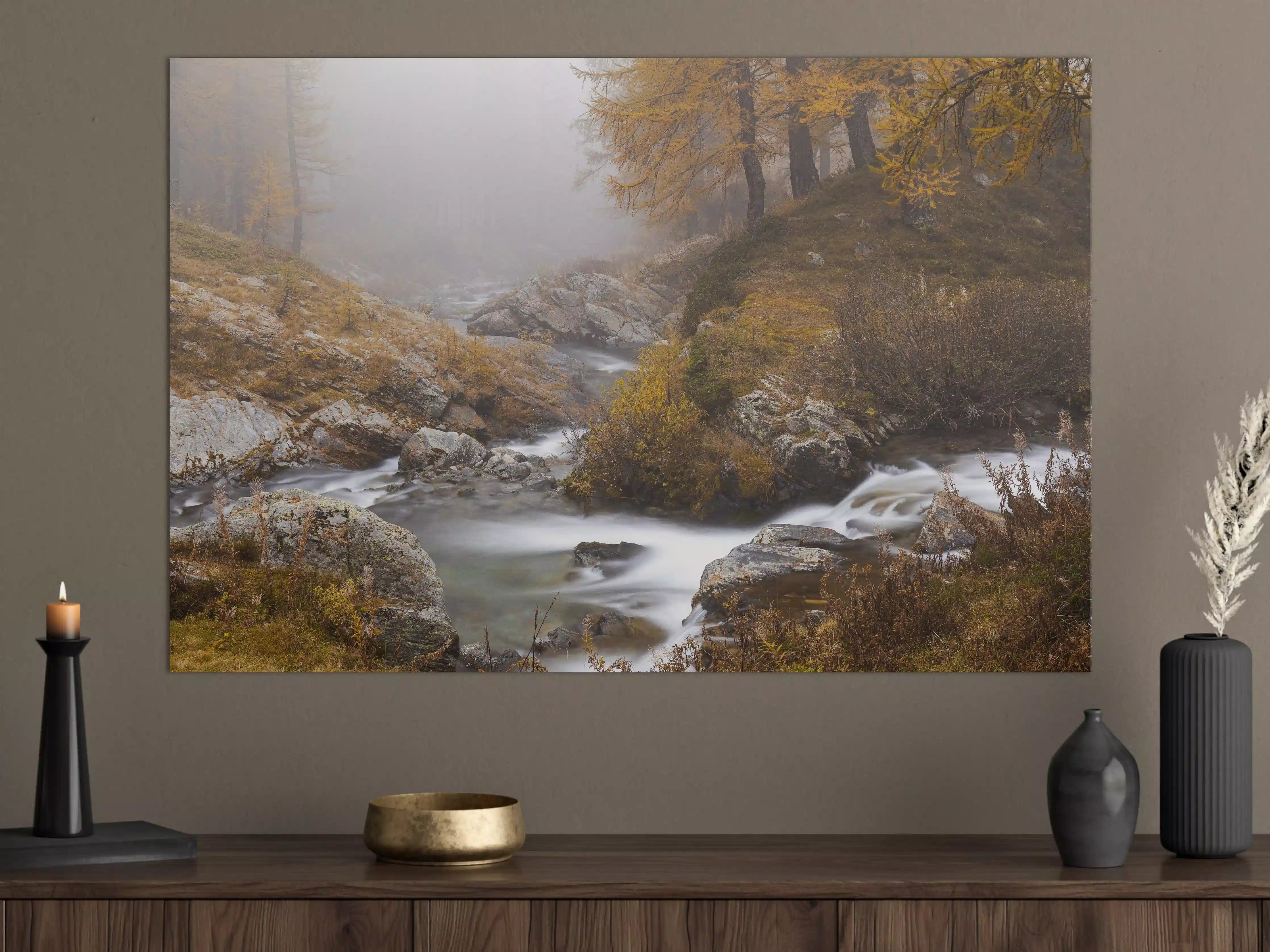 Große Wandbilder - Nebelige Flusslandschaft mit Herbstfarben