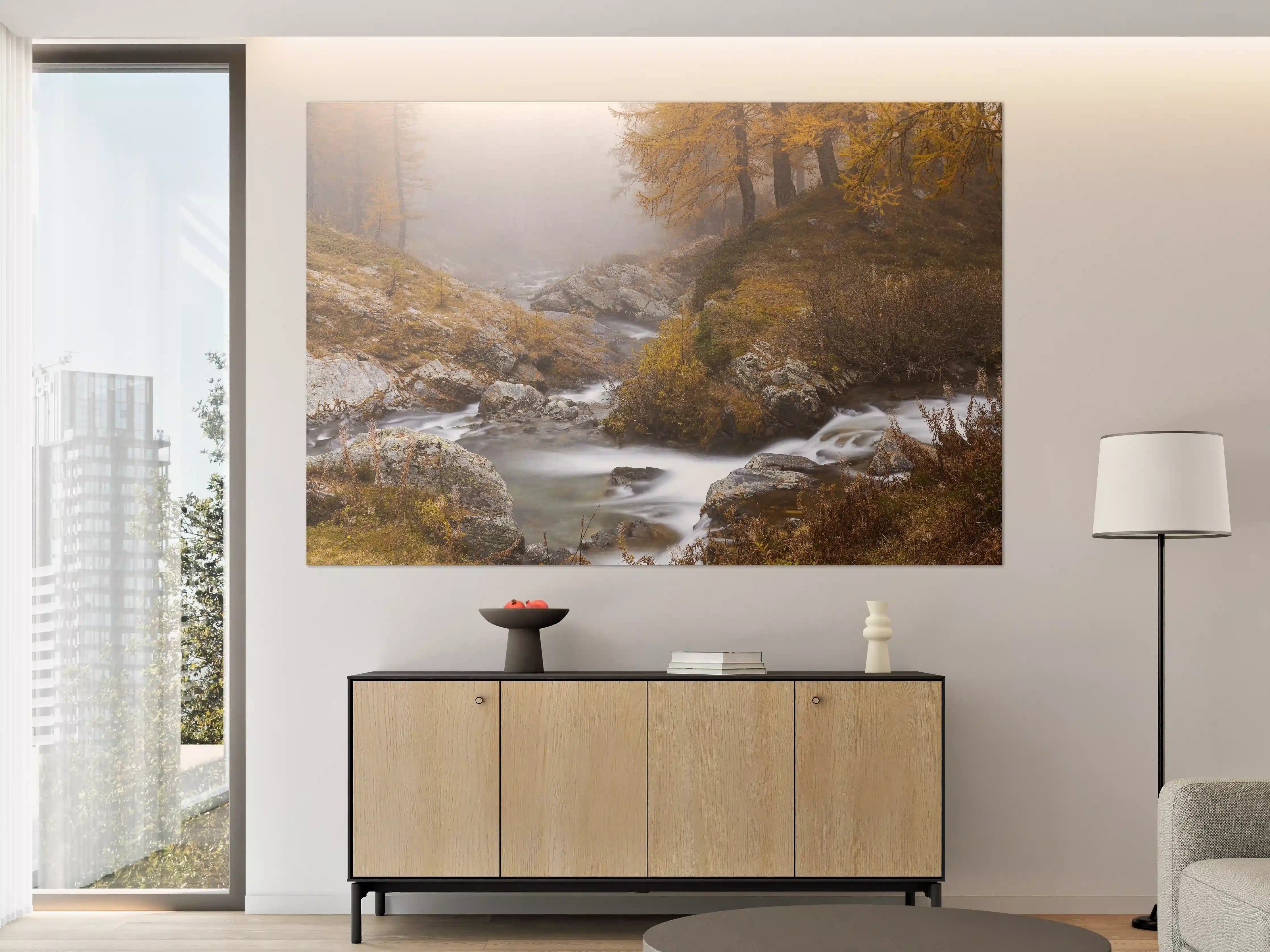 Große Wandbilder - Nebelige Flusslandschaft mit Herbstfarben