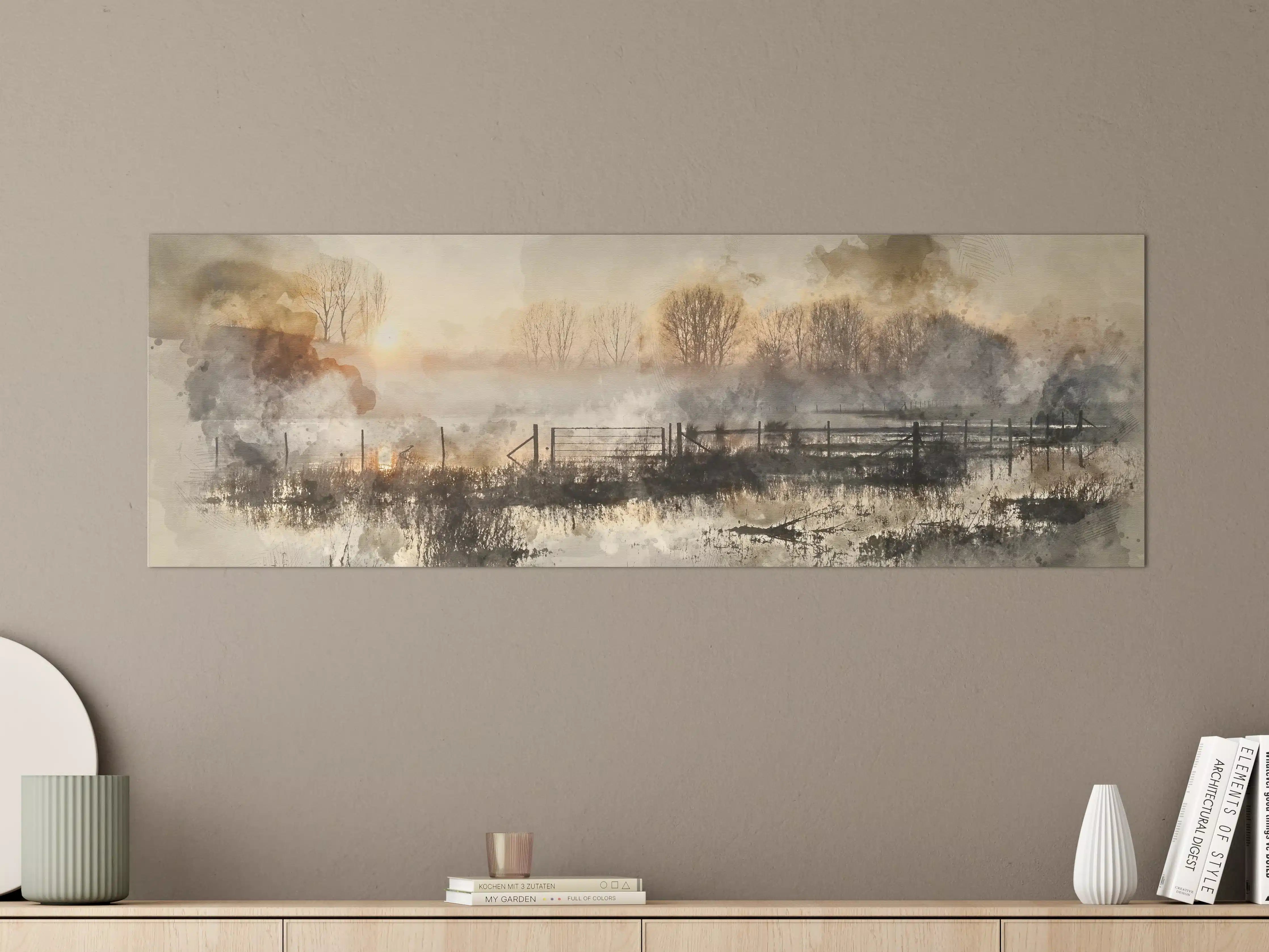 Große Wandbilder - Nebelige Landschaft mit Baumreihe und Wasser