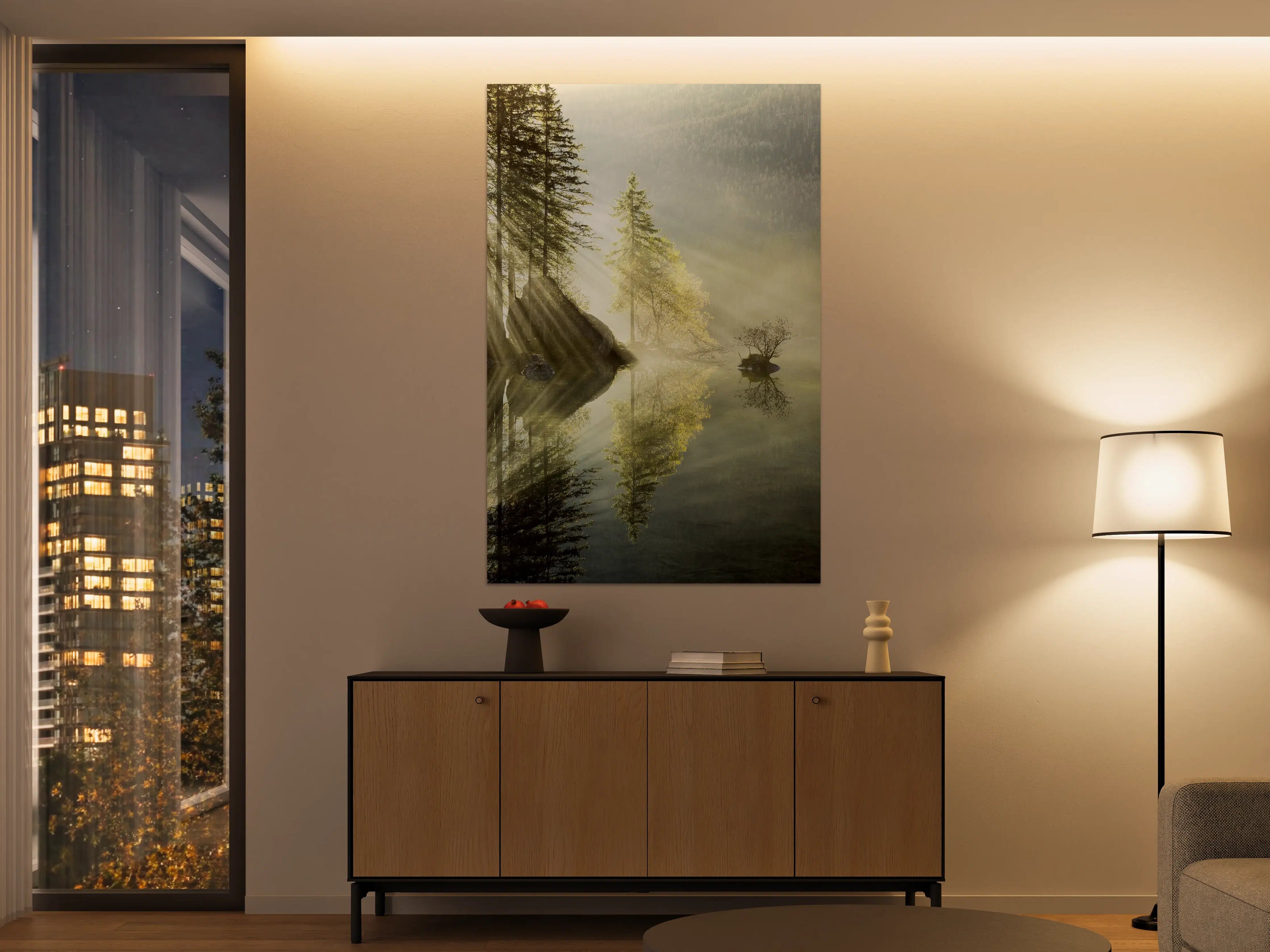 Große Wandbilder - Nebeliger Waldsee bei Sonnenaufgang