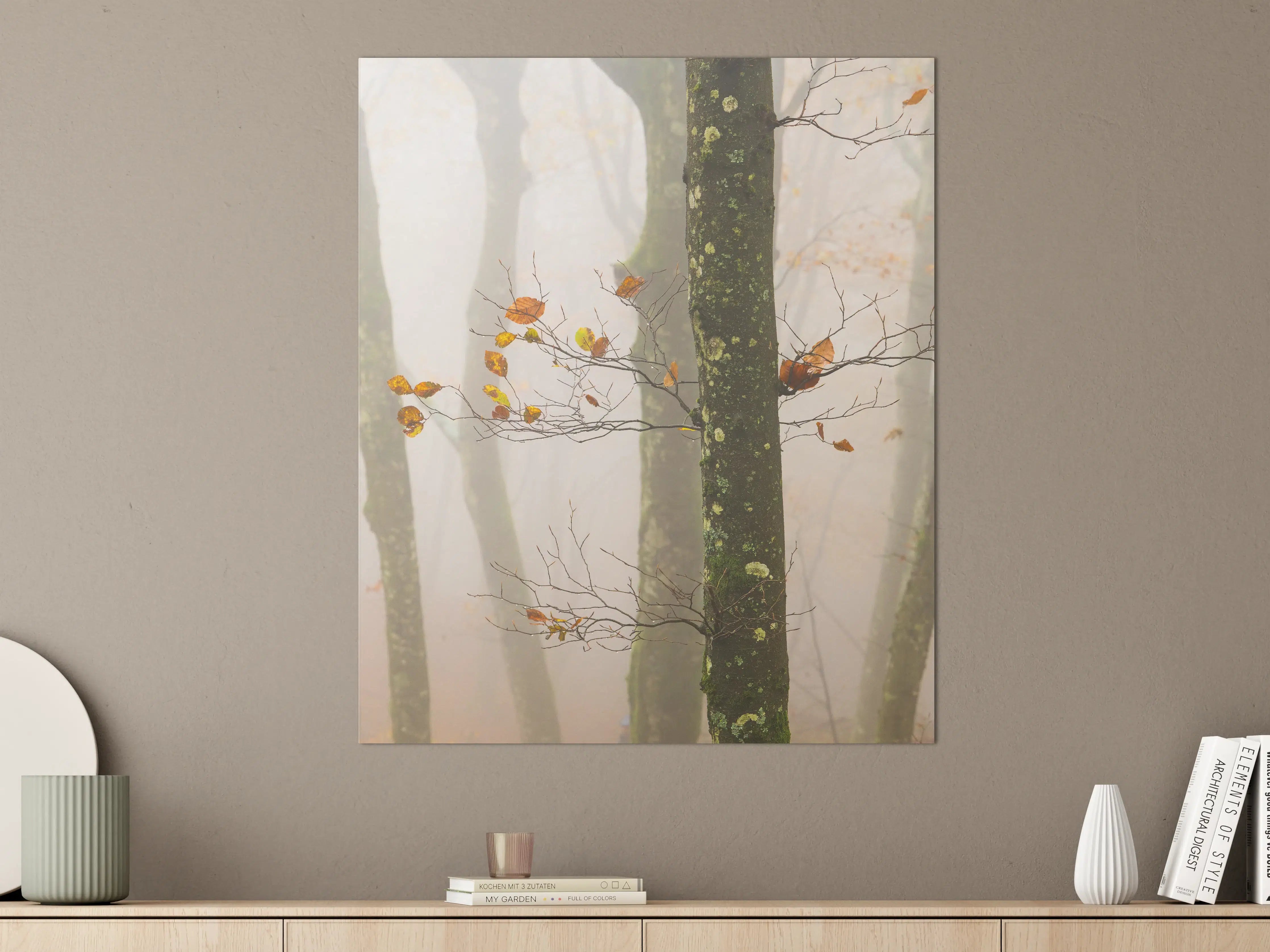 Große Wandbilder - Nebelwald mit herbstlichen Blättern