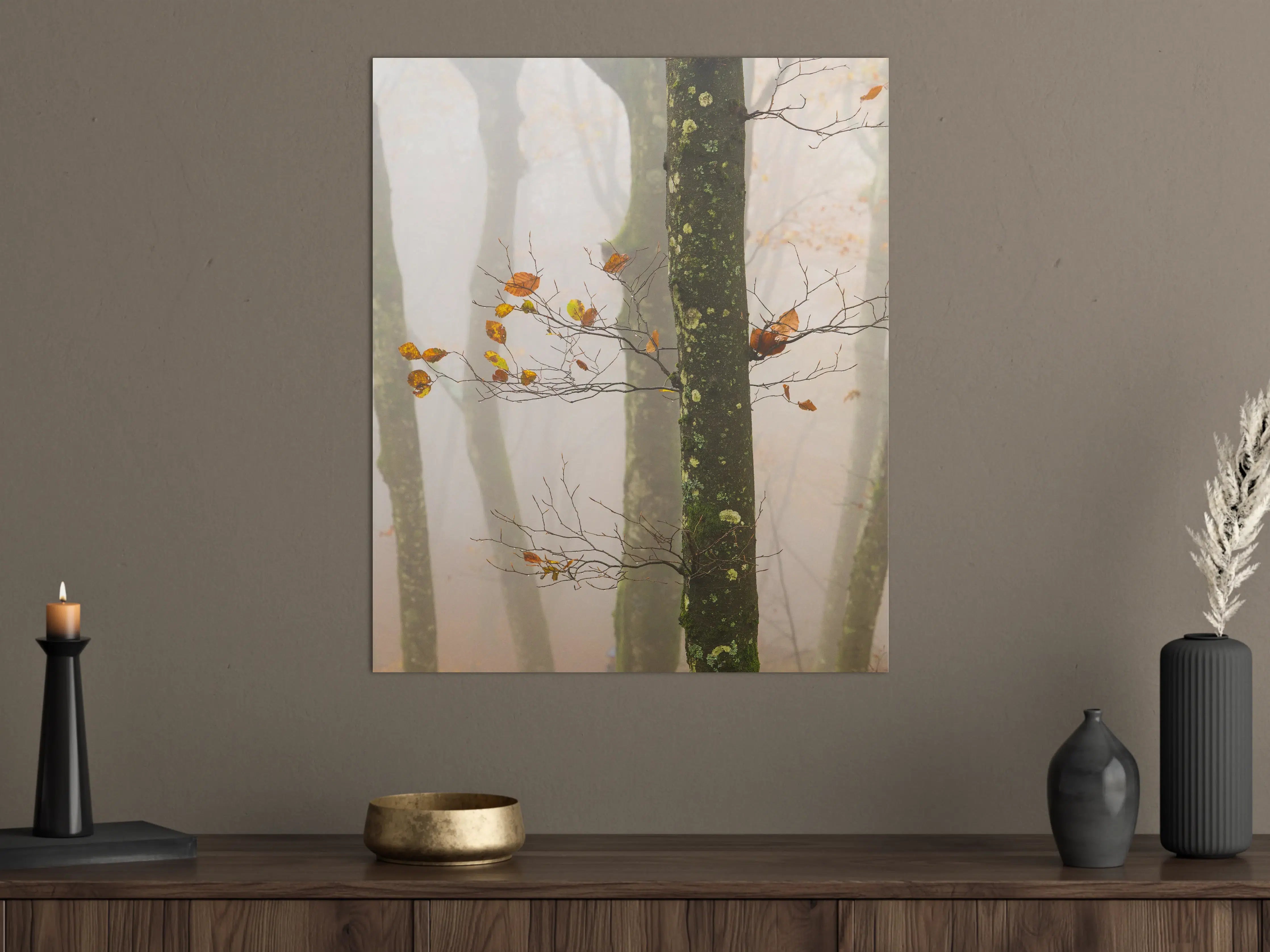 Große Wandbilder - Nebelwald mit herbstlichen Blättern