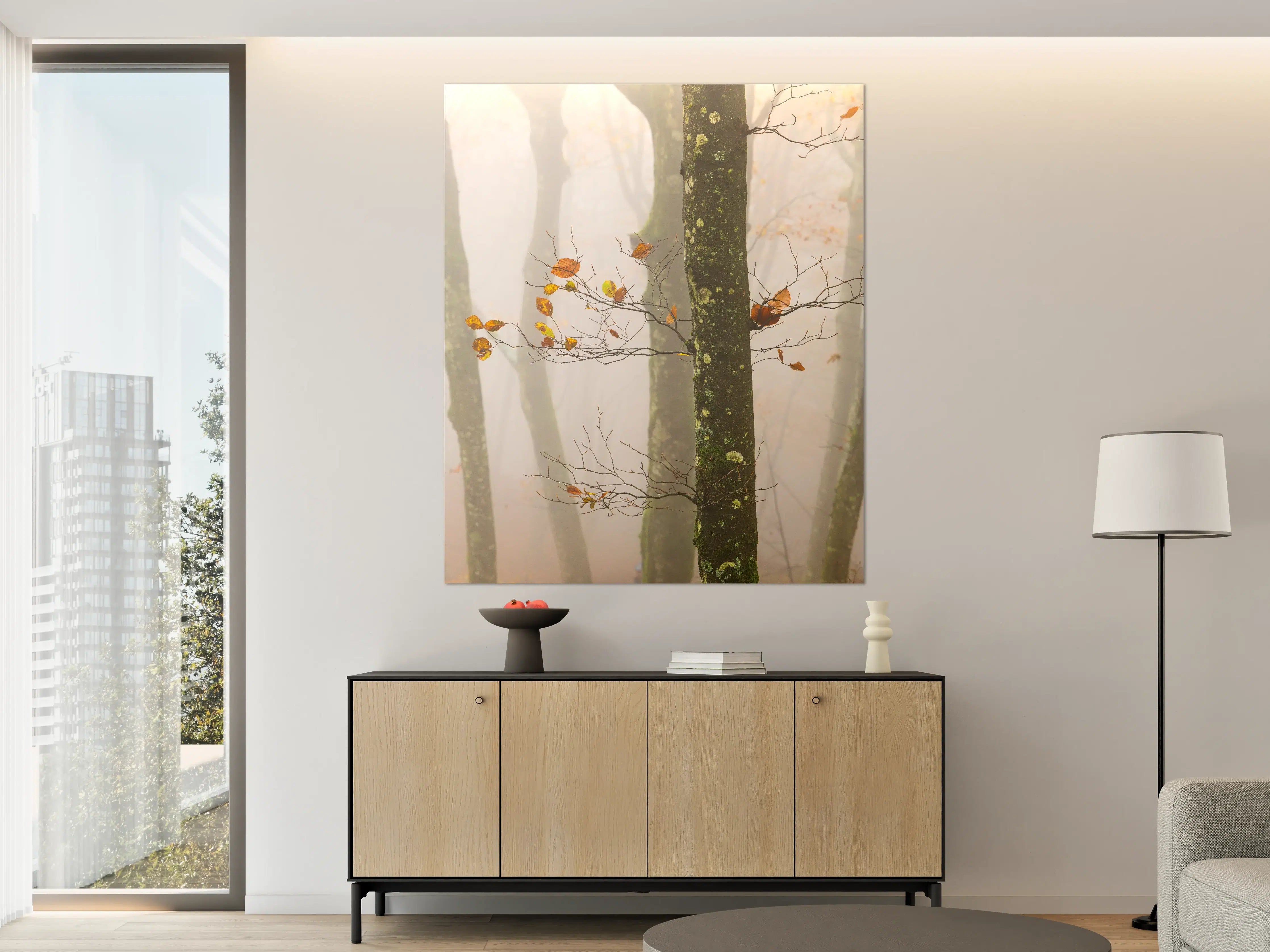 Große Wandbilder - Nebelwald mit herbstlichen Blättern