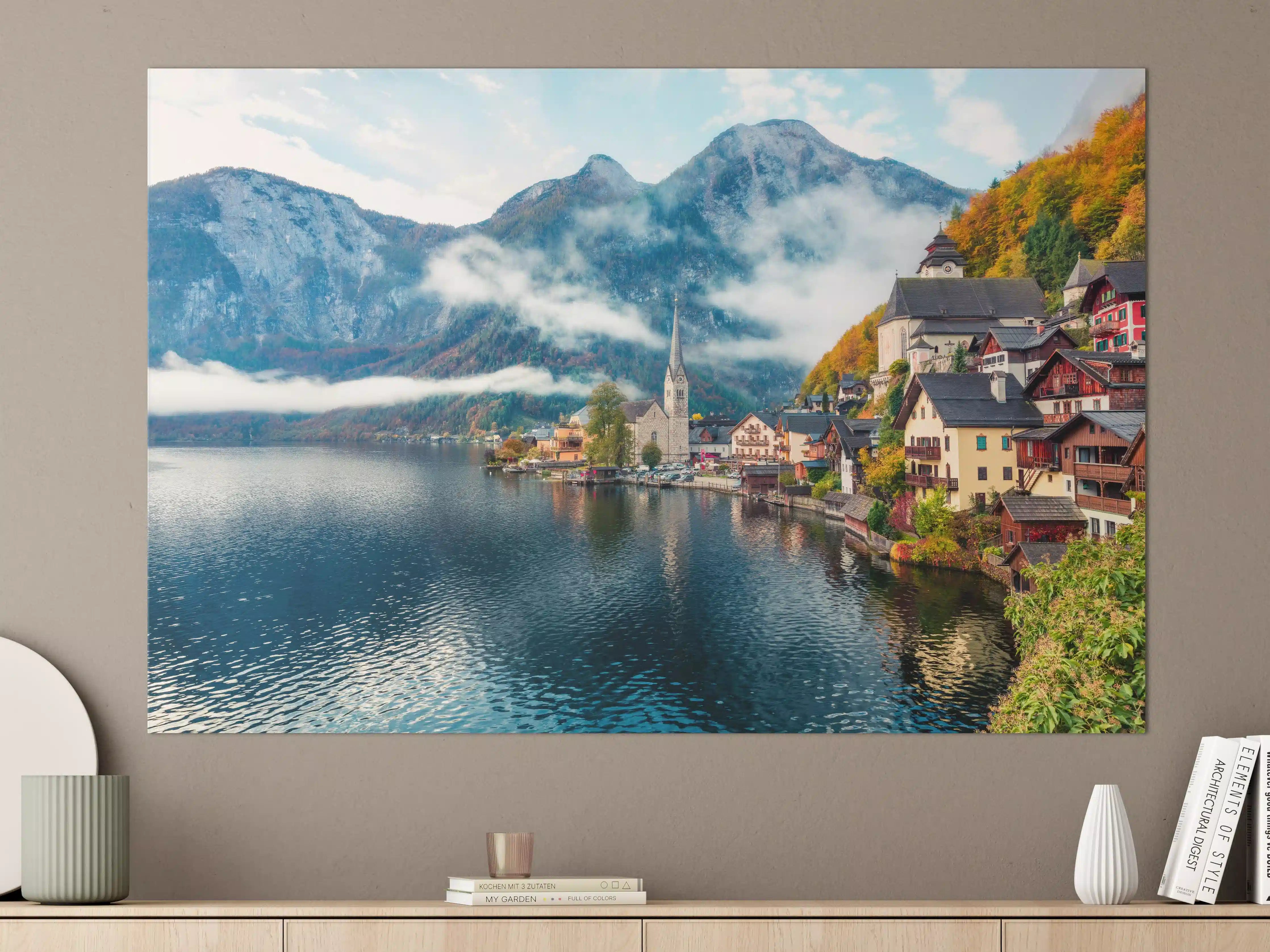 Große Wandbilder - Neblige Herbstszene am Hallstätter See