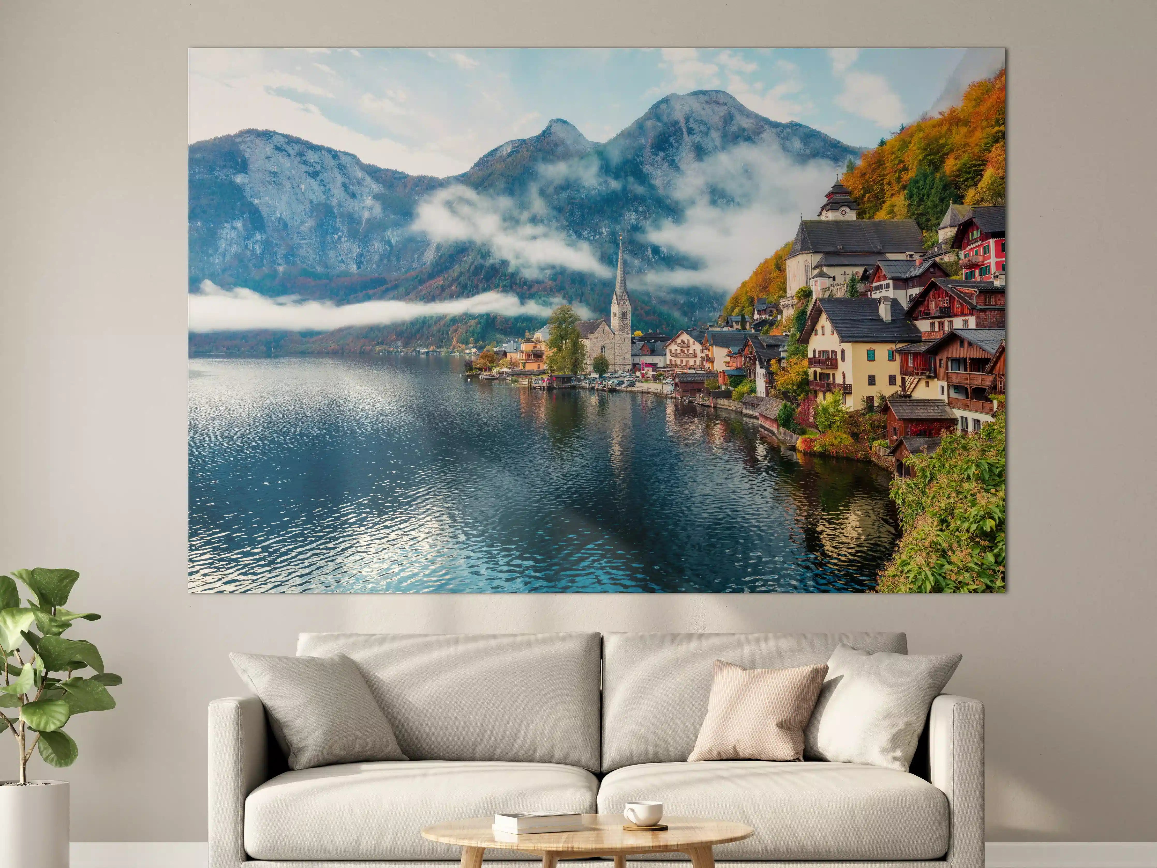 Große Wandbilder - Neblige Herbstszene am Hallstätter See