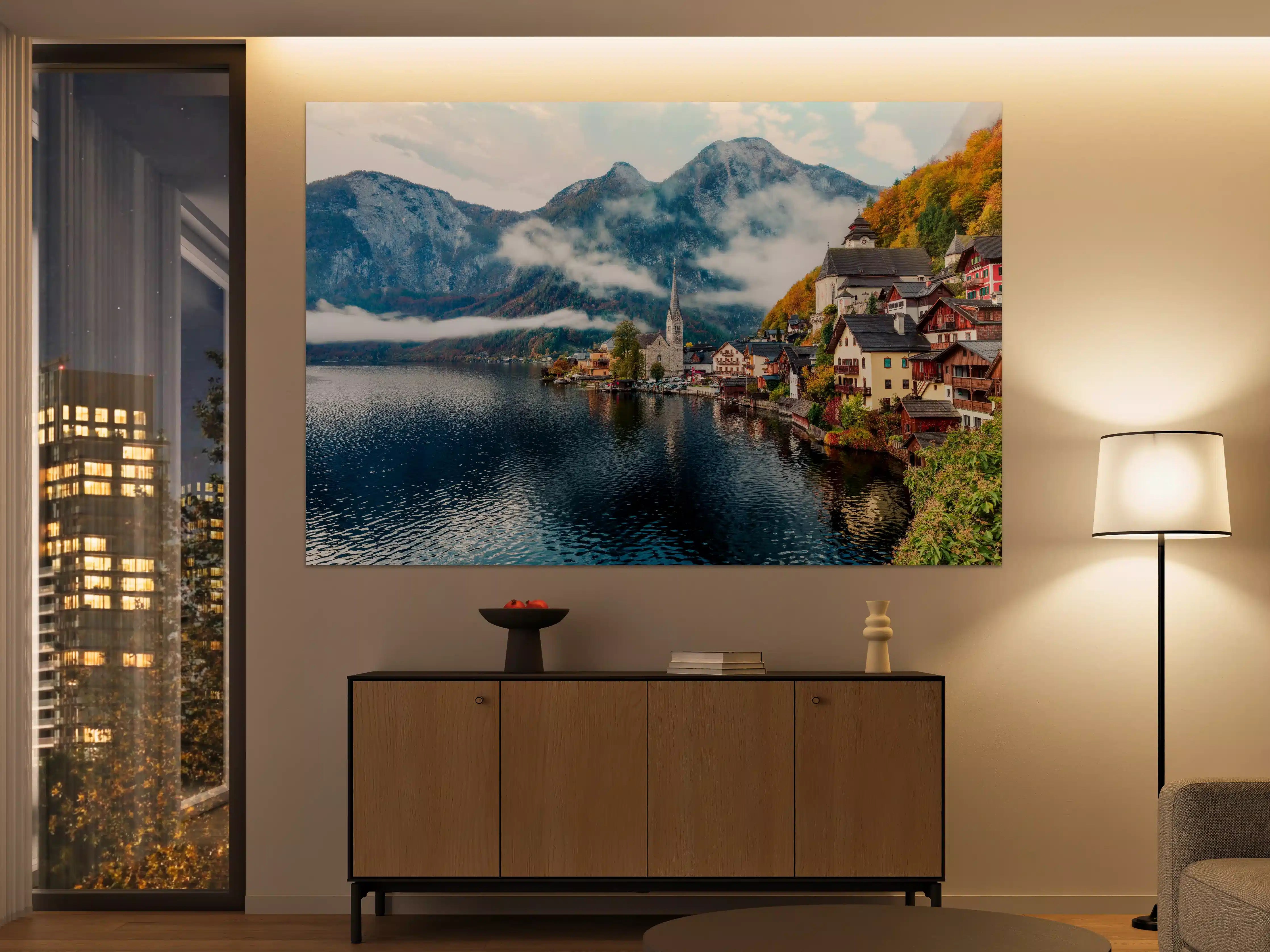 Große Wandbilder - Neblige Herbstszene am Hallstätter See