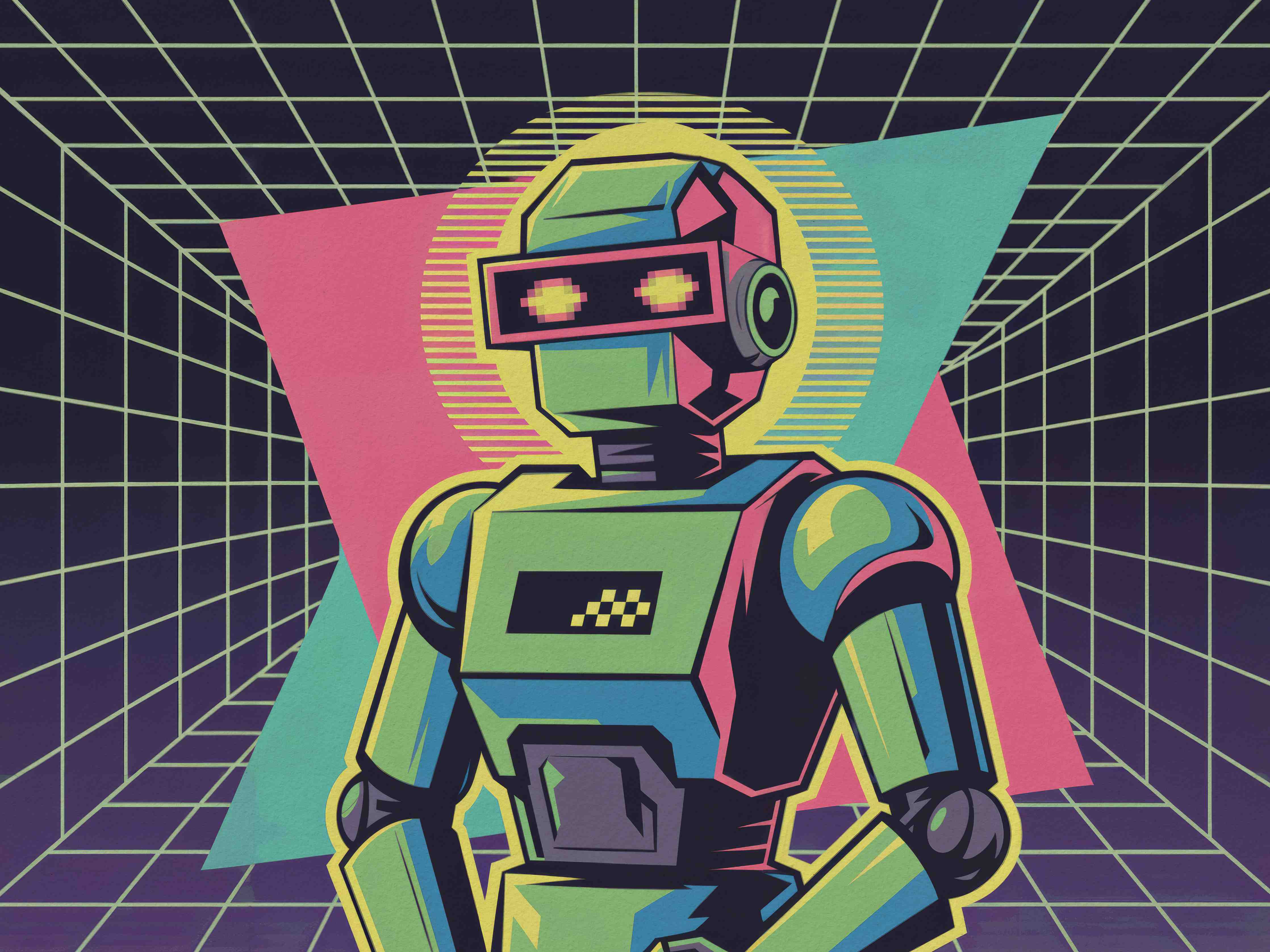 Große Wandbilder-Neon-Roboter im Retro-Design