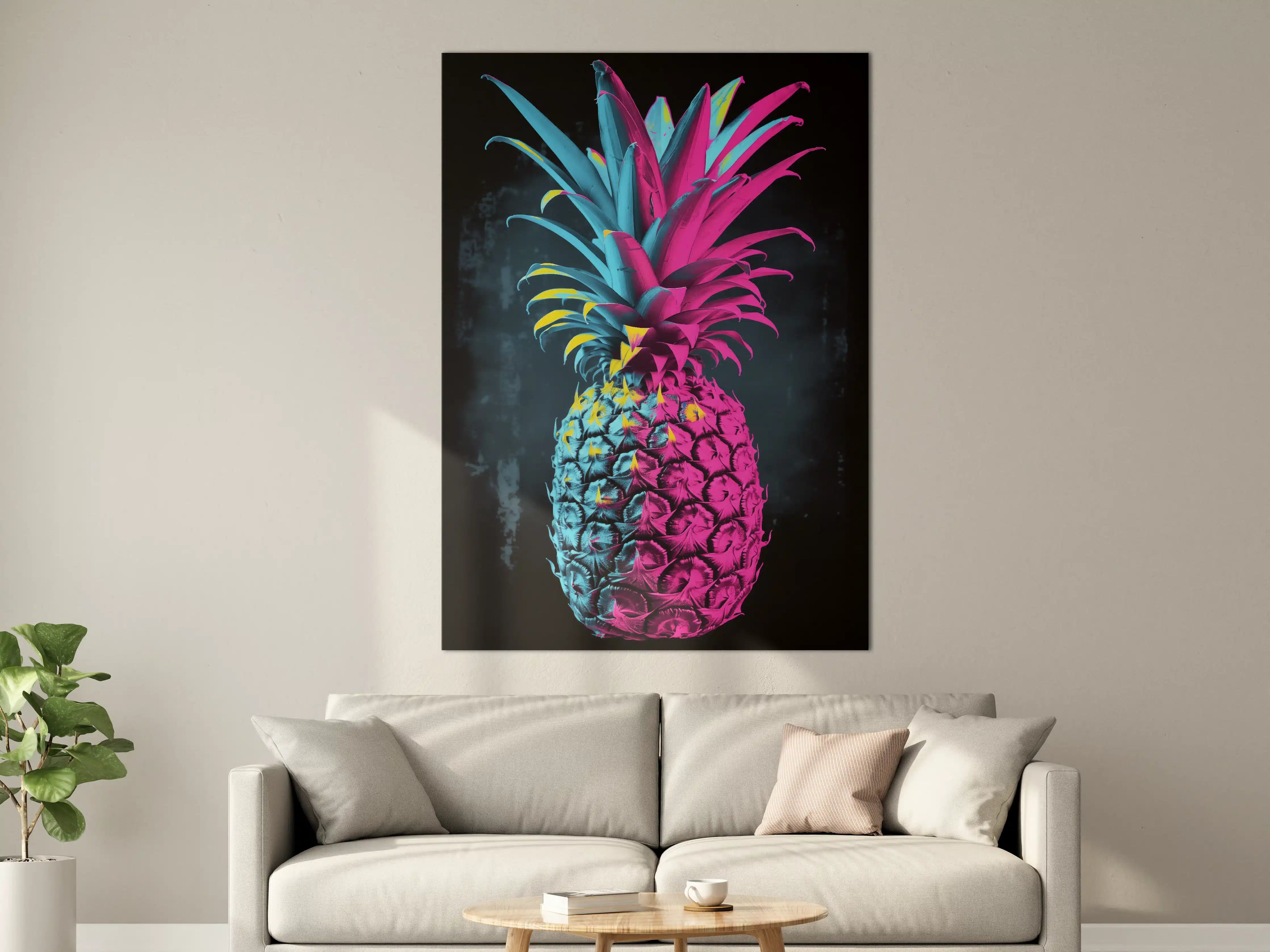 Große Wandbilder - Neonfarbige Ananas auf dunklem Hintergrund